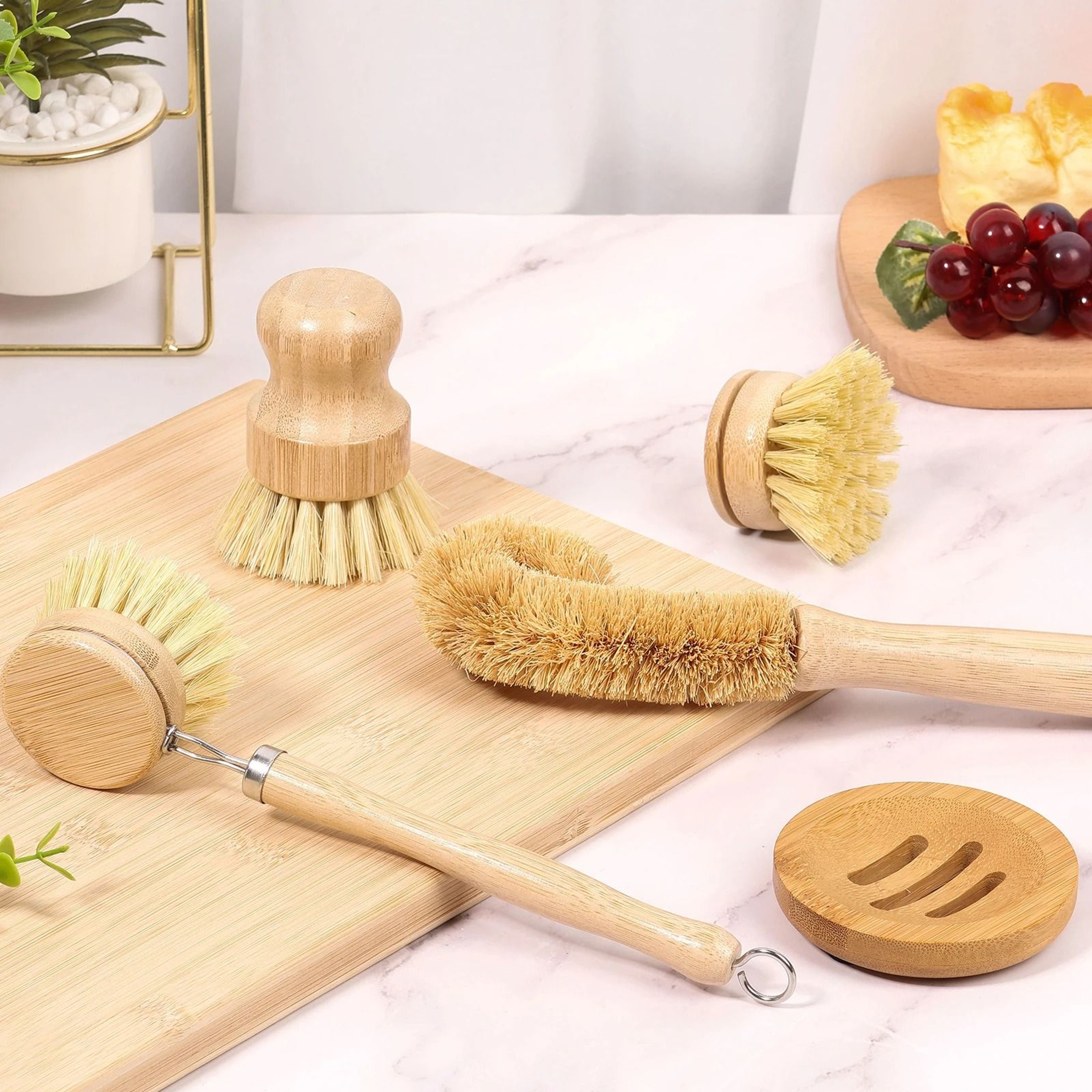 Bamboo Dish Brush Set With Long Handle And Deep Cleaning Bristles 1