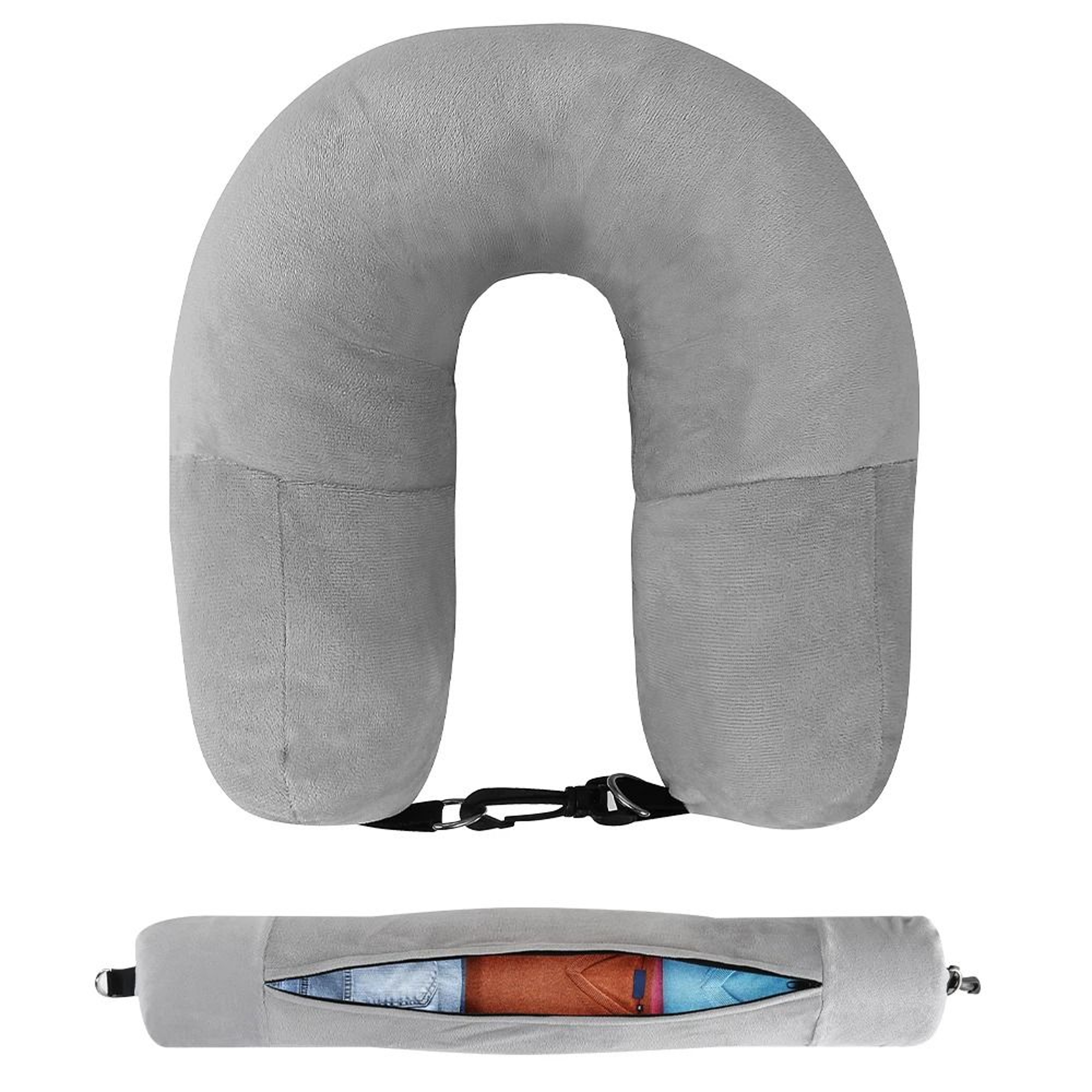 Travel Neck Pillow With Fillable Clothing Insert And Velvet Cover 8