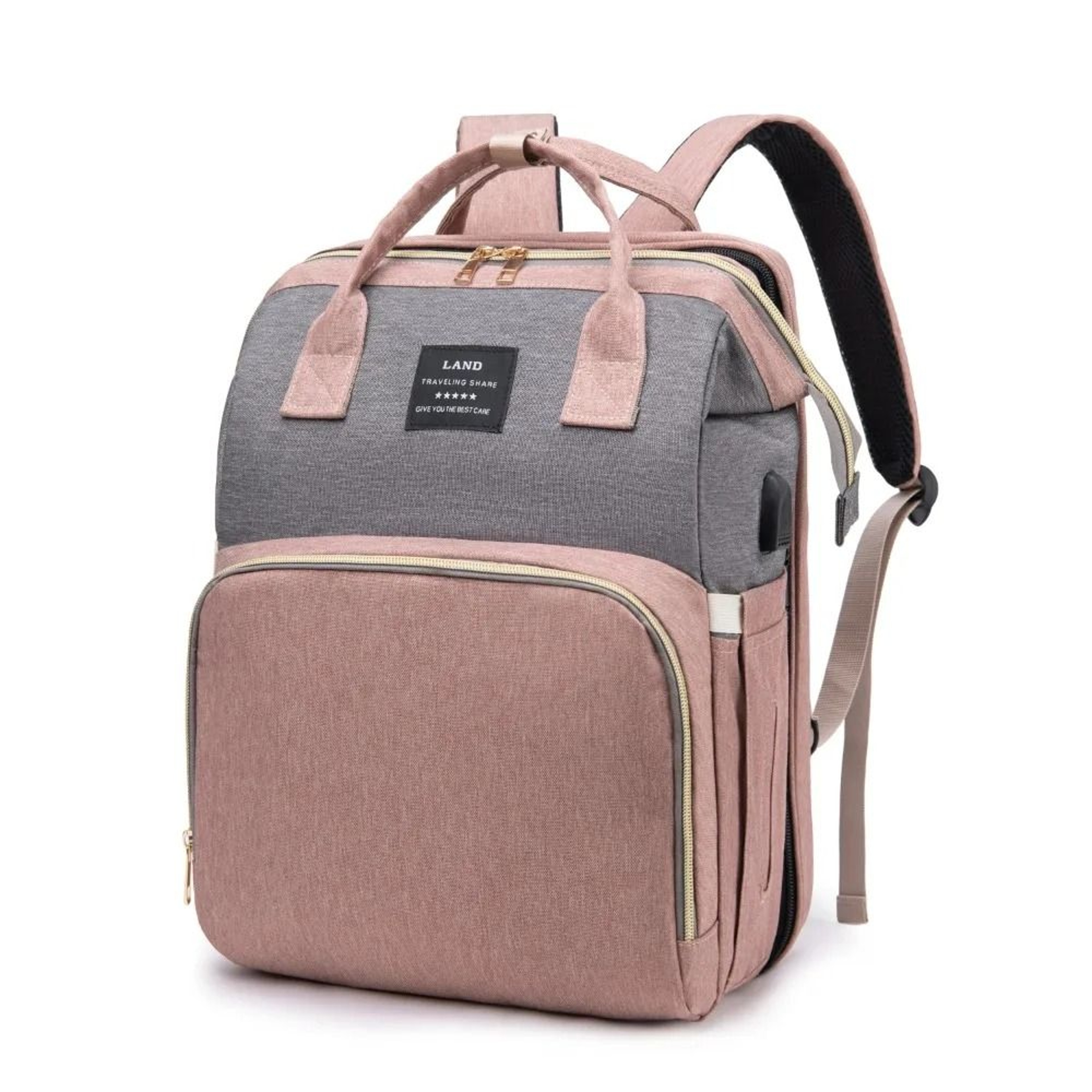 Large Capacity Mom Travel Backpack Diaper Bag With Portable Folding Crib Bed 2