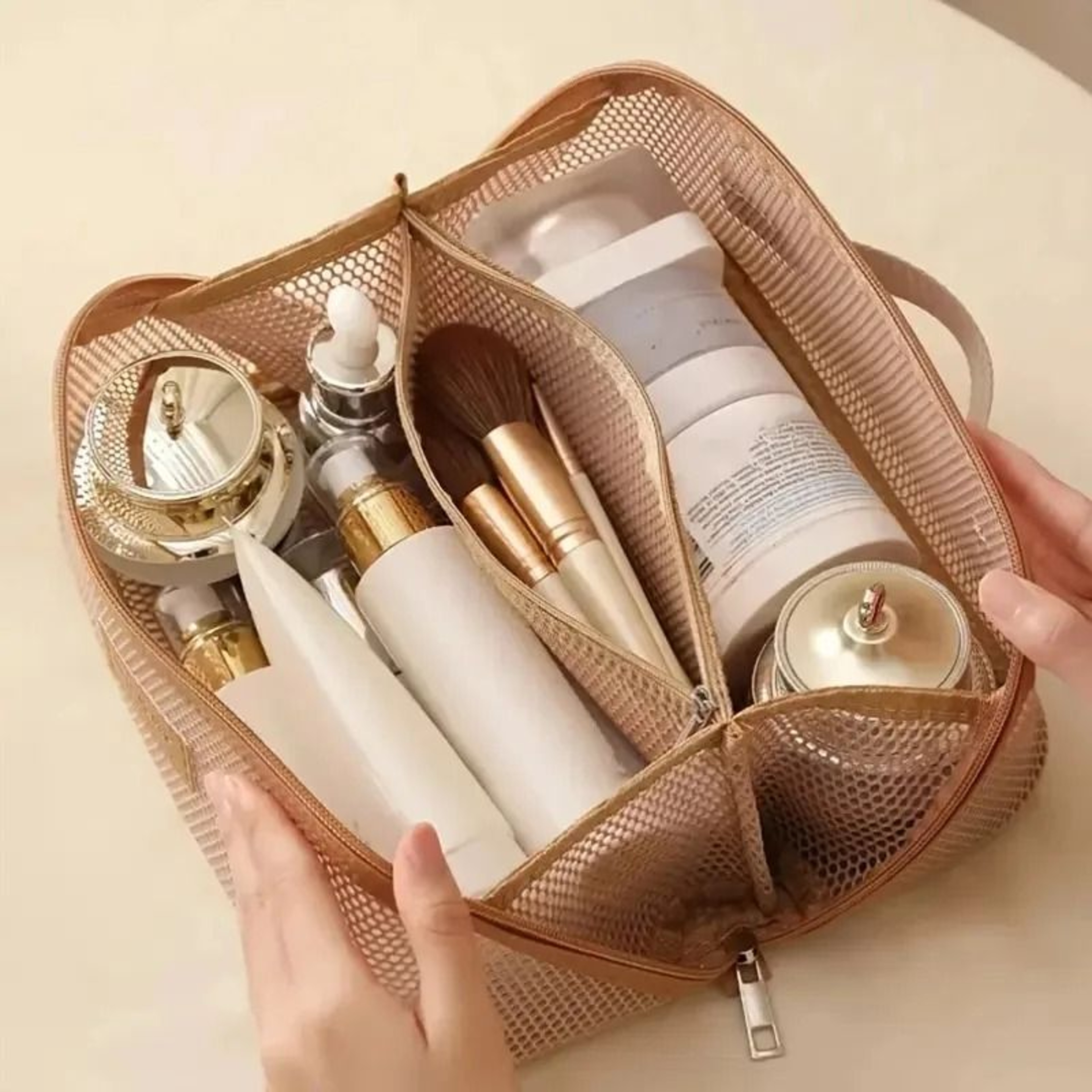 Large Capacity Mesh Makeup Bag With Multi Layer Zipper Organizer 1