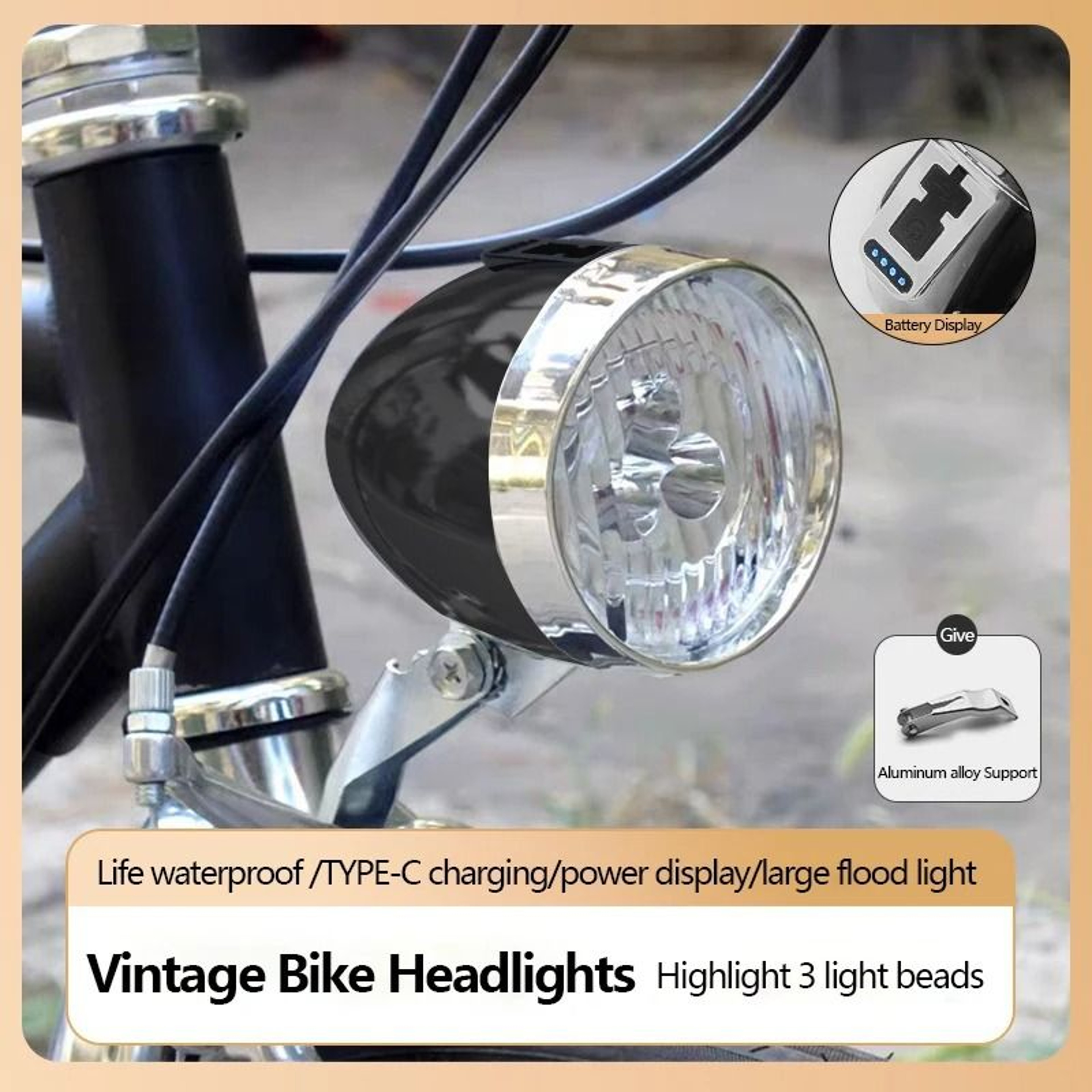 Retro Style USB Rechargeable Bicycle Front Light With Three LED 6
