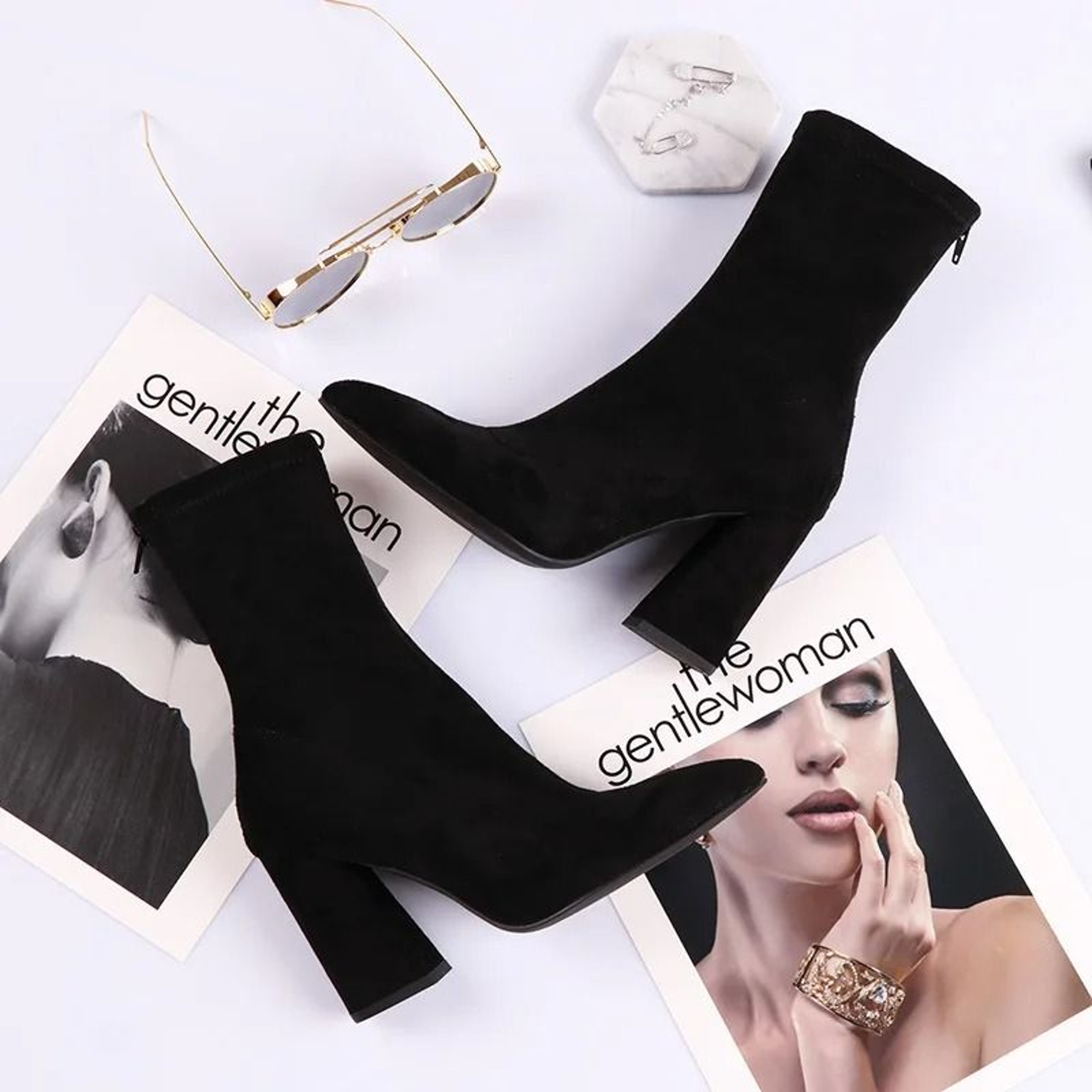 Black Flock Thick Heel Women Winter Ankle Boots Pointed Toe Shoes 0
