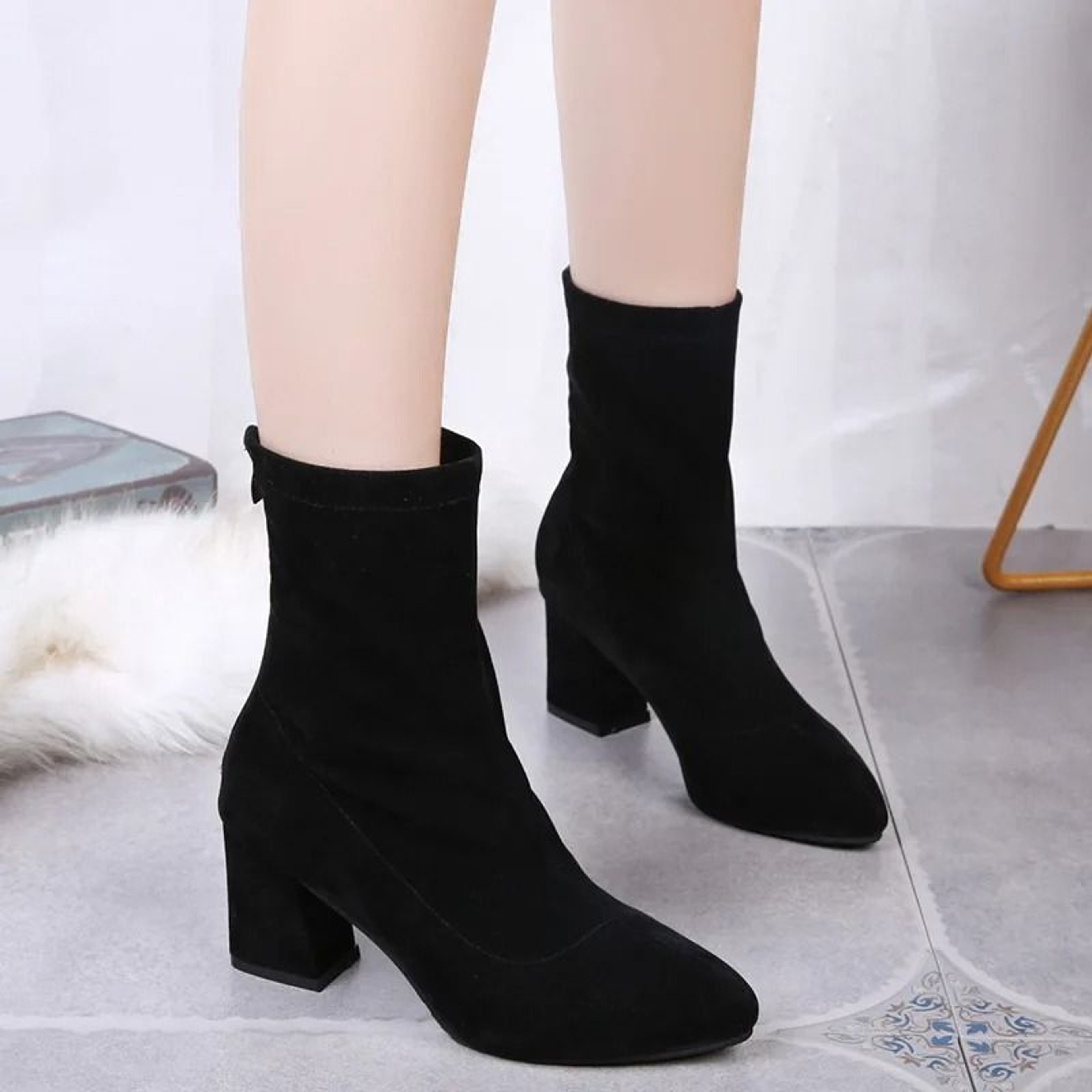 Black Flock Thick Heel Women Winter Ankle Boots Pointed Toe Shoes 4