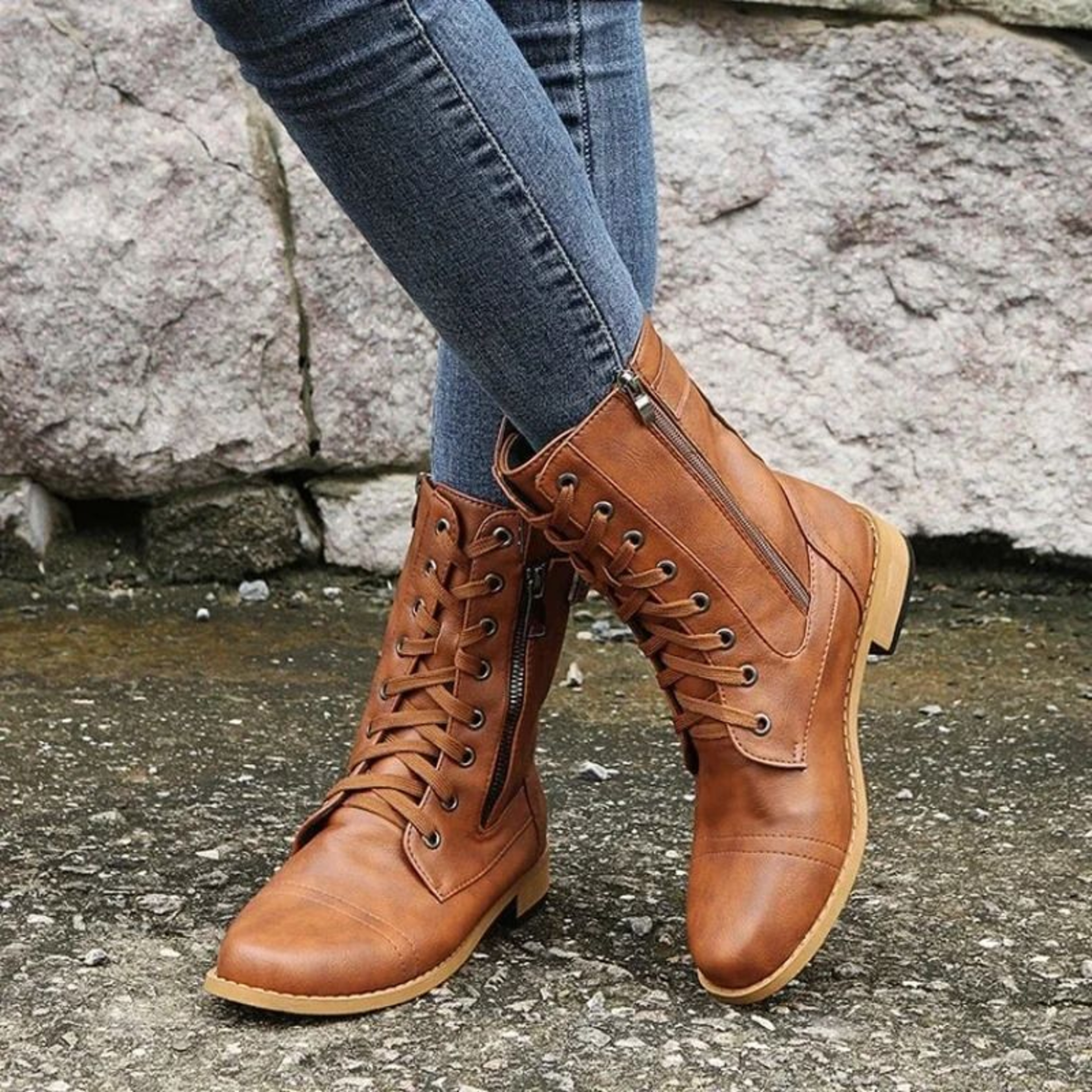 Women Retro Western Motorcycle Boots Zipper Mid Calf Plus Size Short Botas 0