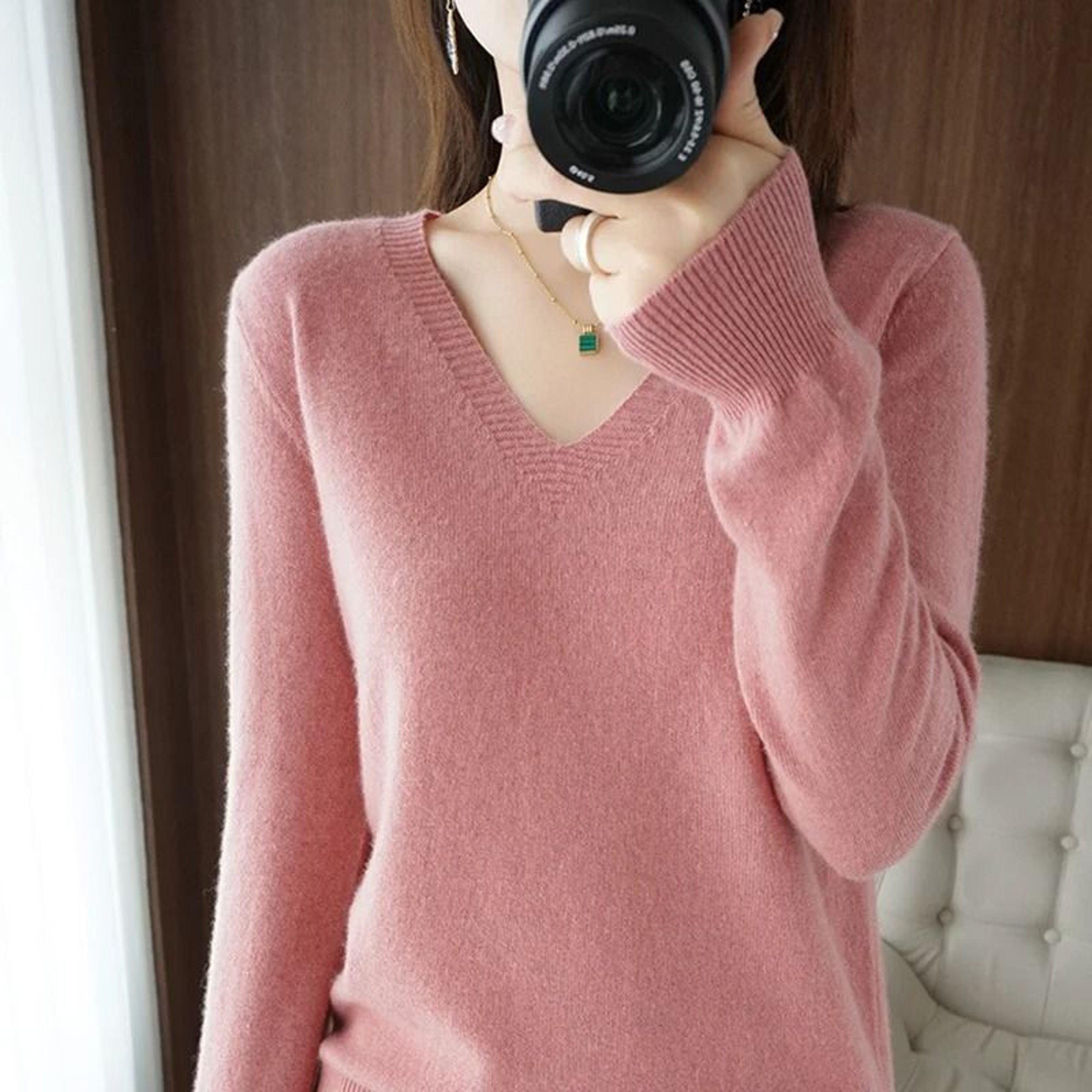 Elegant V Neck Cashmere Pullover With Lace Detail Hollow Out Knit Winter Sweater For Women 0