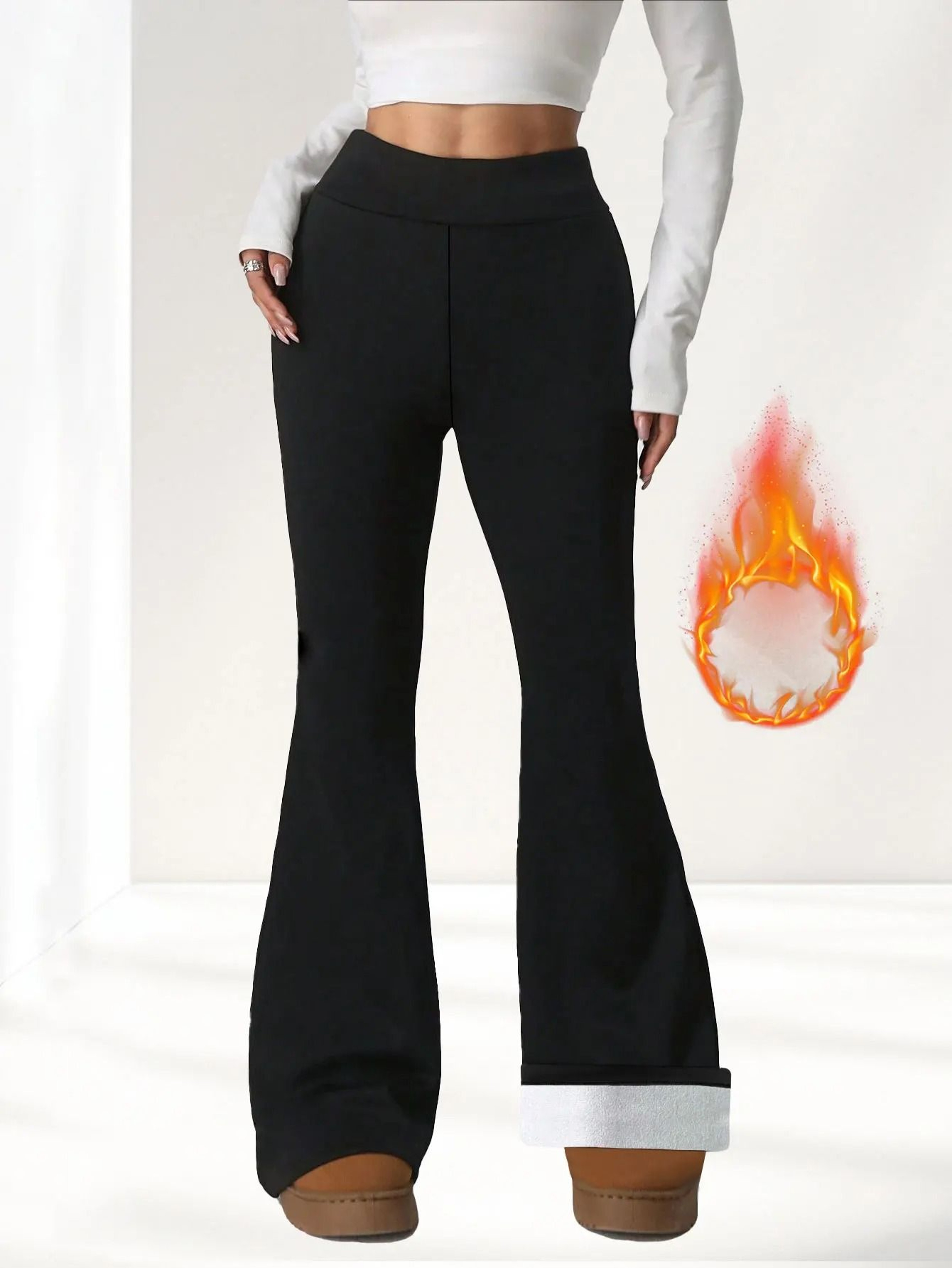 Thermal Wool Lined High Waist Bell Bottom Pants Thick Winter Plush Flare Leggings 1