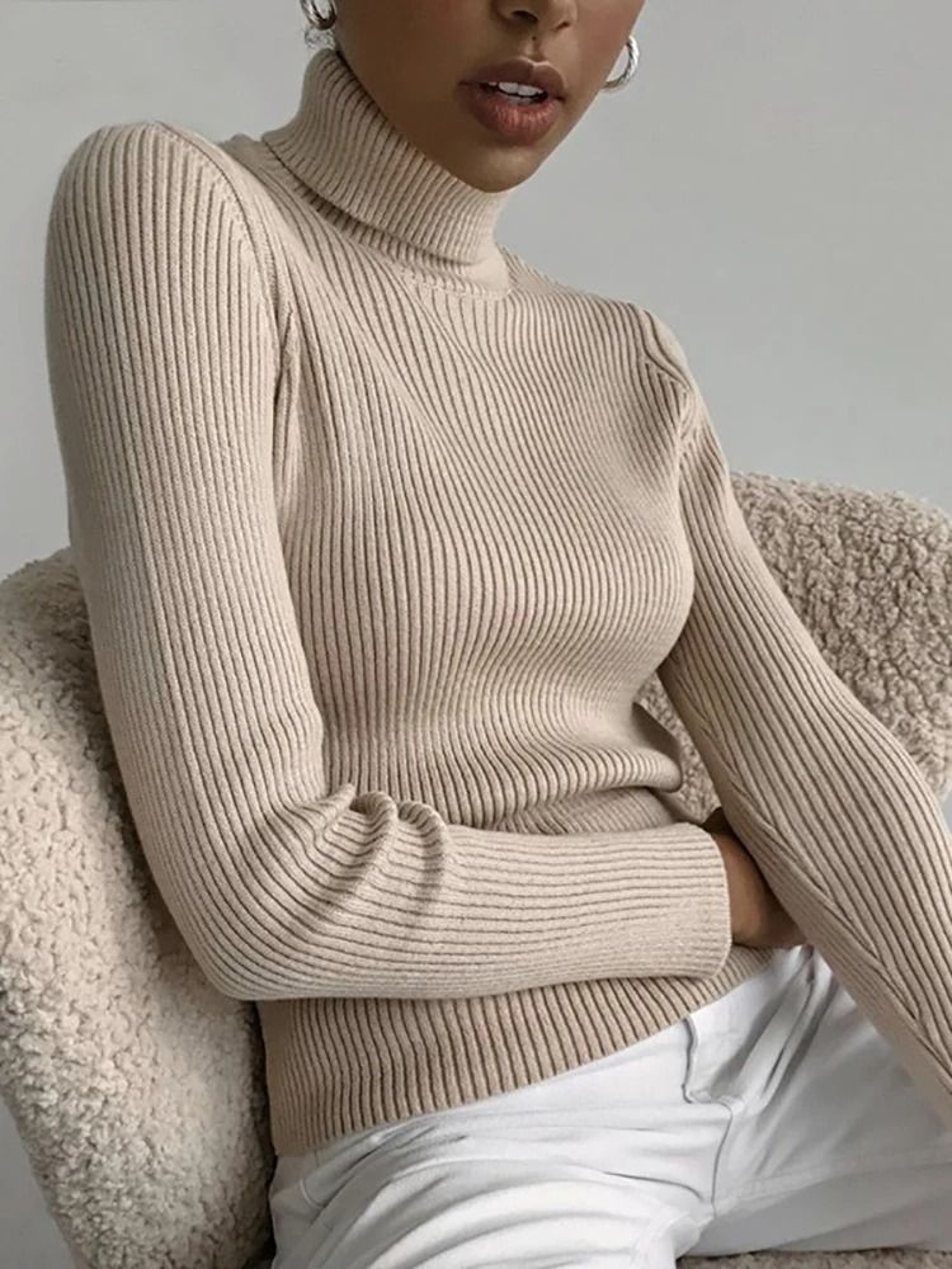 Elegant Ribbed Turtleneck Cashmere Soft Knit Pullover Basic Winter Jumper For Women 1