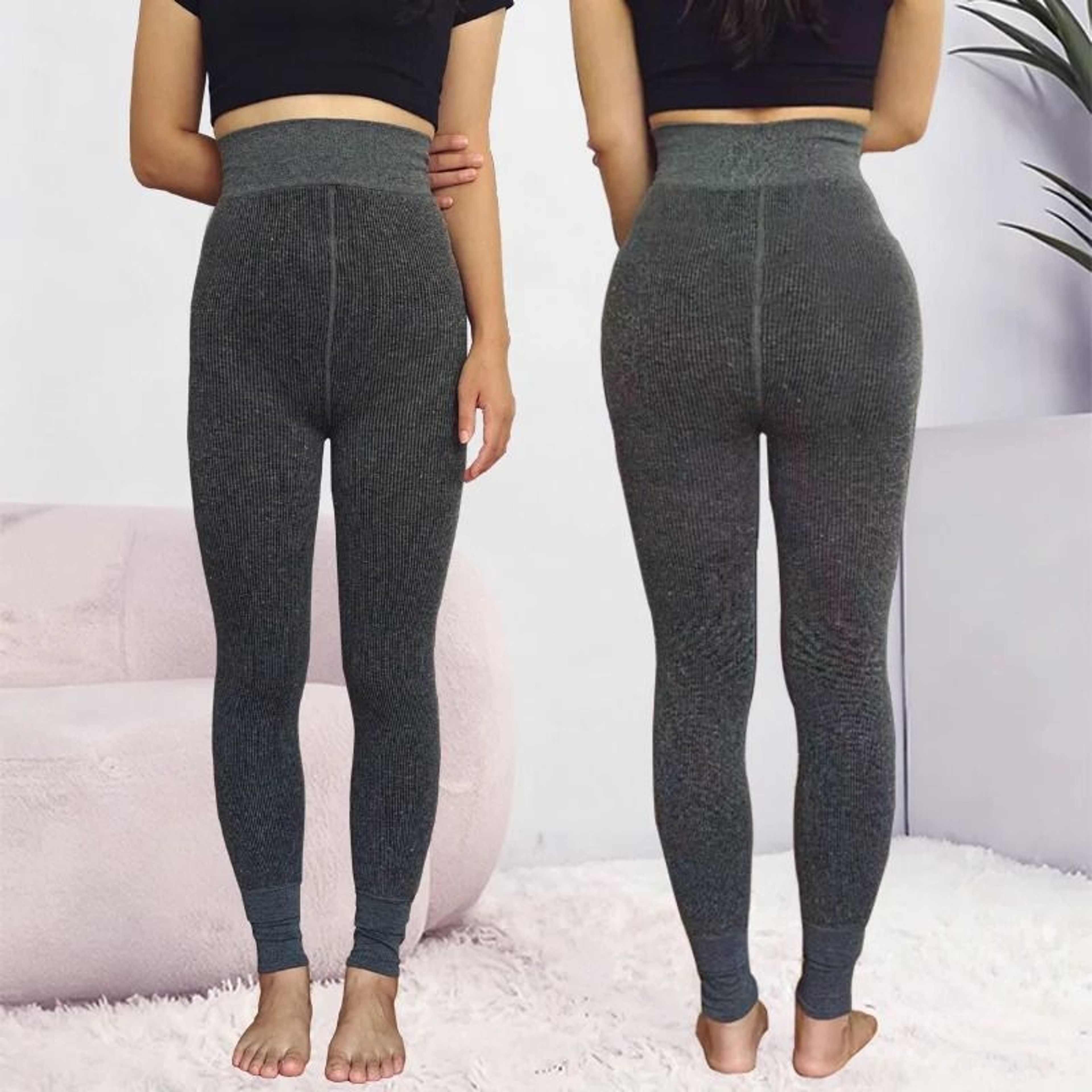 Women Ribbed Fleece Lined High Waist Thermal Leggings Slim Fit Pants 1