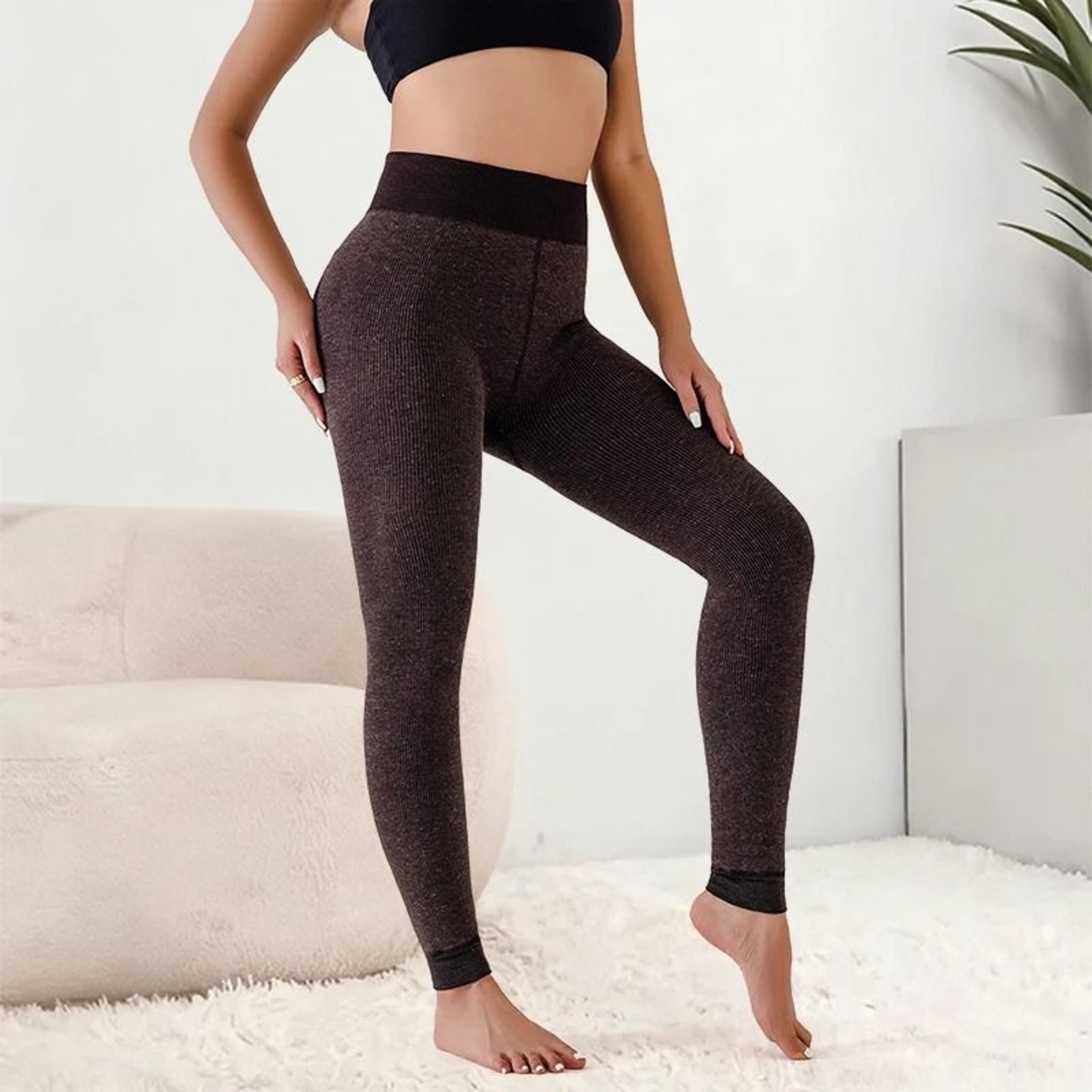 Women Ribbed Fleece Lined High Waist Thermal Leggings Slim Fit Pants 3
