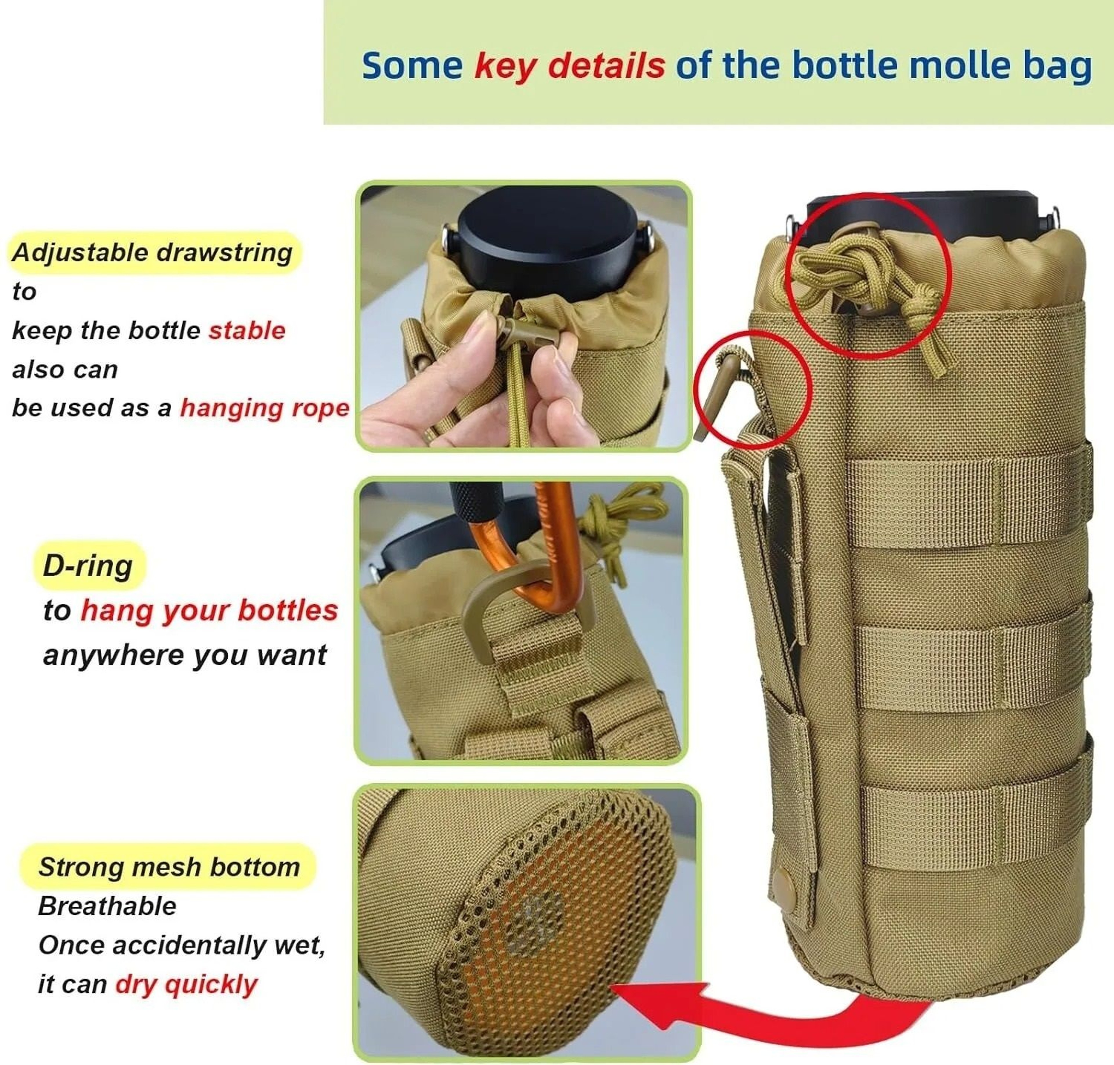 Tactical MOLLE Water Bottle Pouch High Density 1000D Nylon Bottle Holder With Drawstring And Mesh B 2