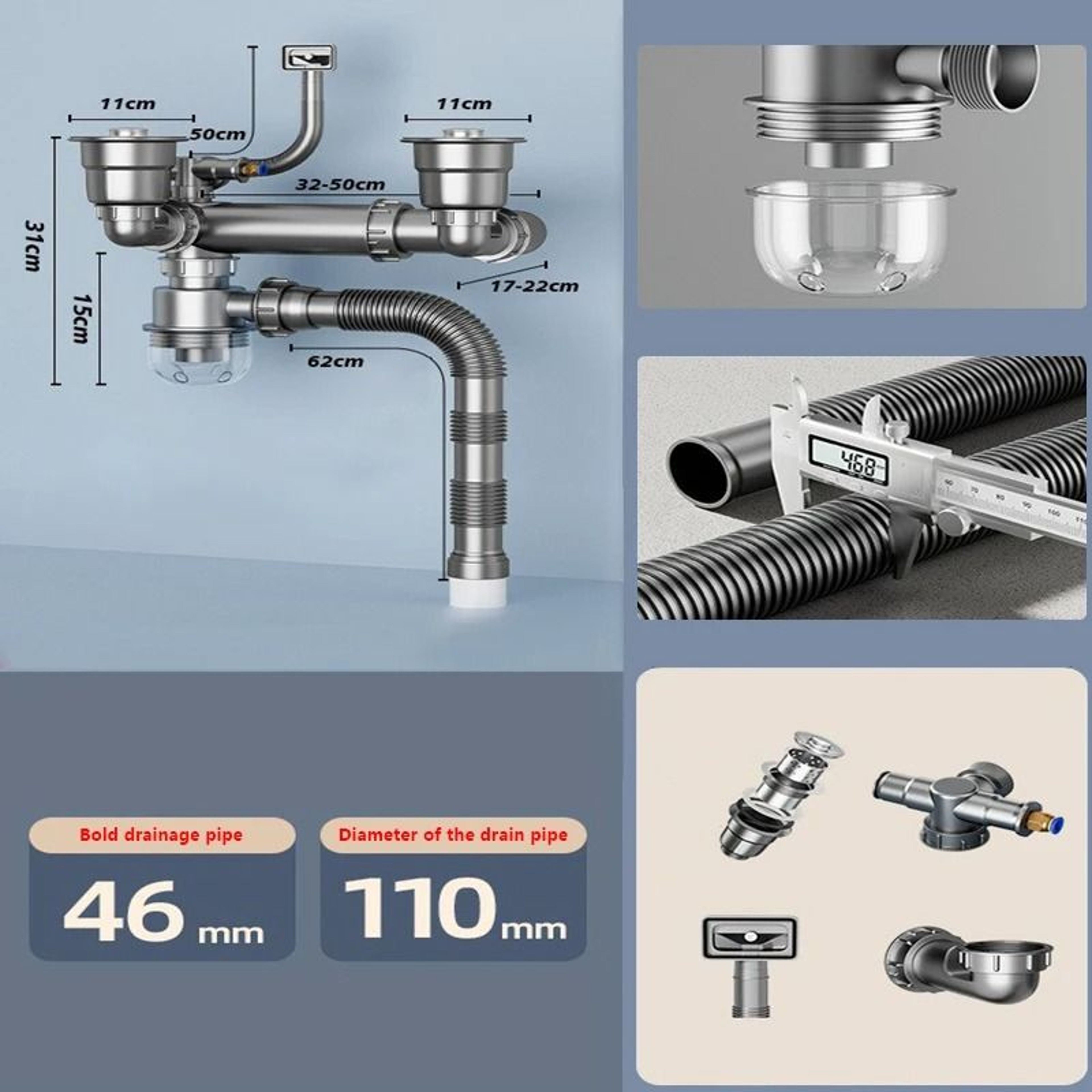 Kitchen And Bathroom Sink Drain Pipe Set With Odor Blocking Design 7
