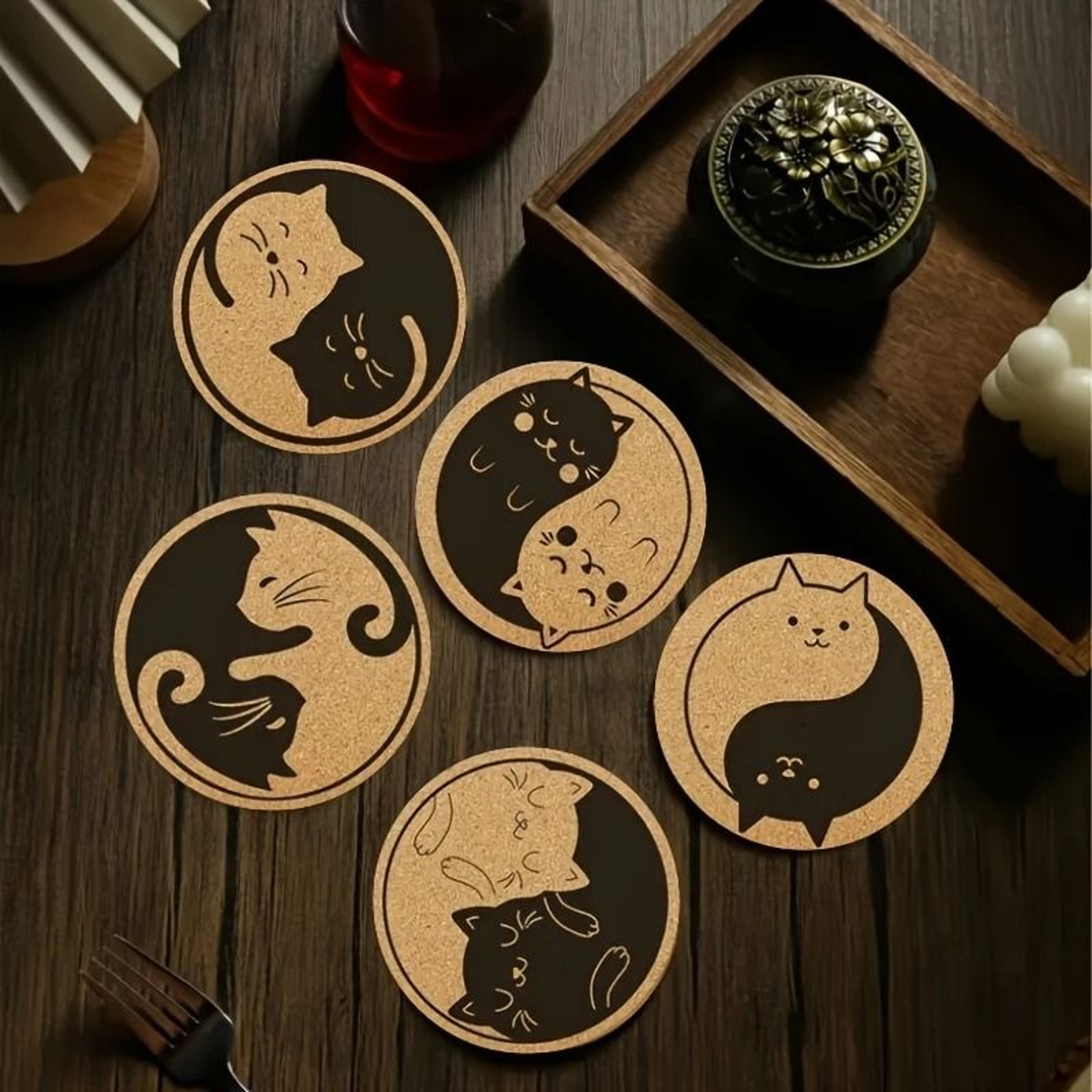 Wooden Cat Pattern Coaster Set Six Piece Insulation Mats For Cups 0