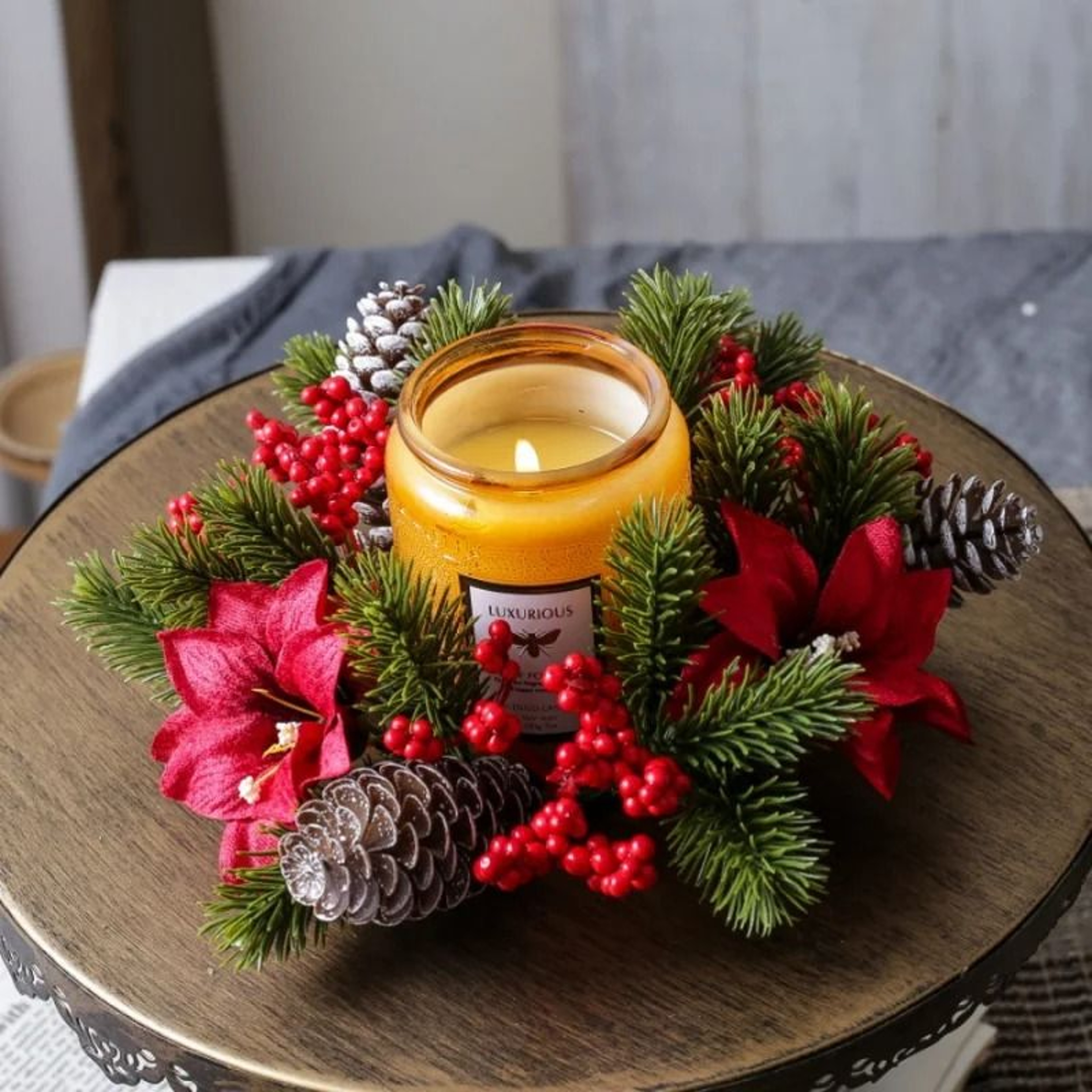 Christmas Candle Holder Wreath With Pine Cones And Berries Decoration 3