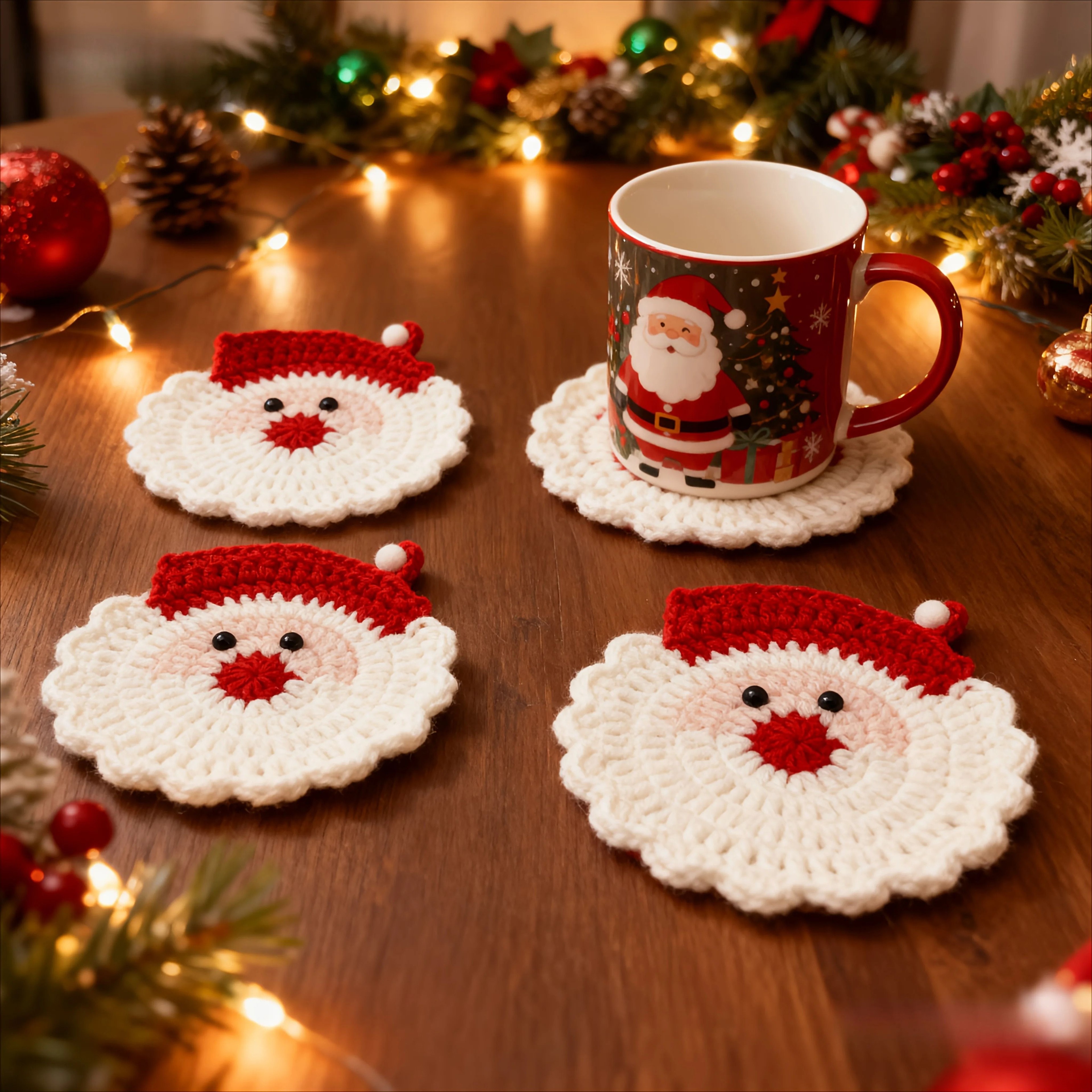 Handmade Crochet Santa Claus Holiday Coasters Set 0