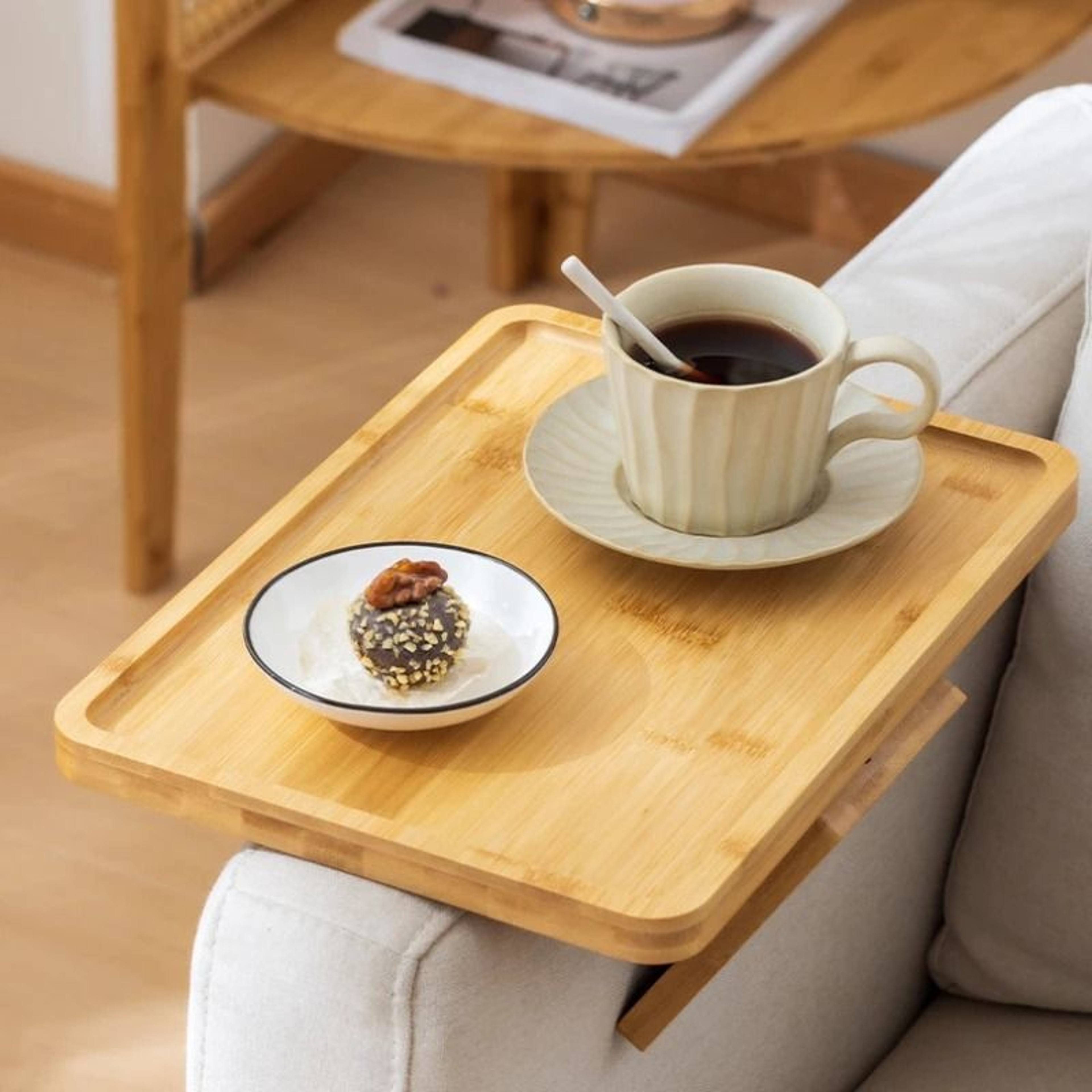 Professional Natural Wooden Foldable Sofa Armrest Tray 0