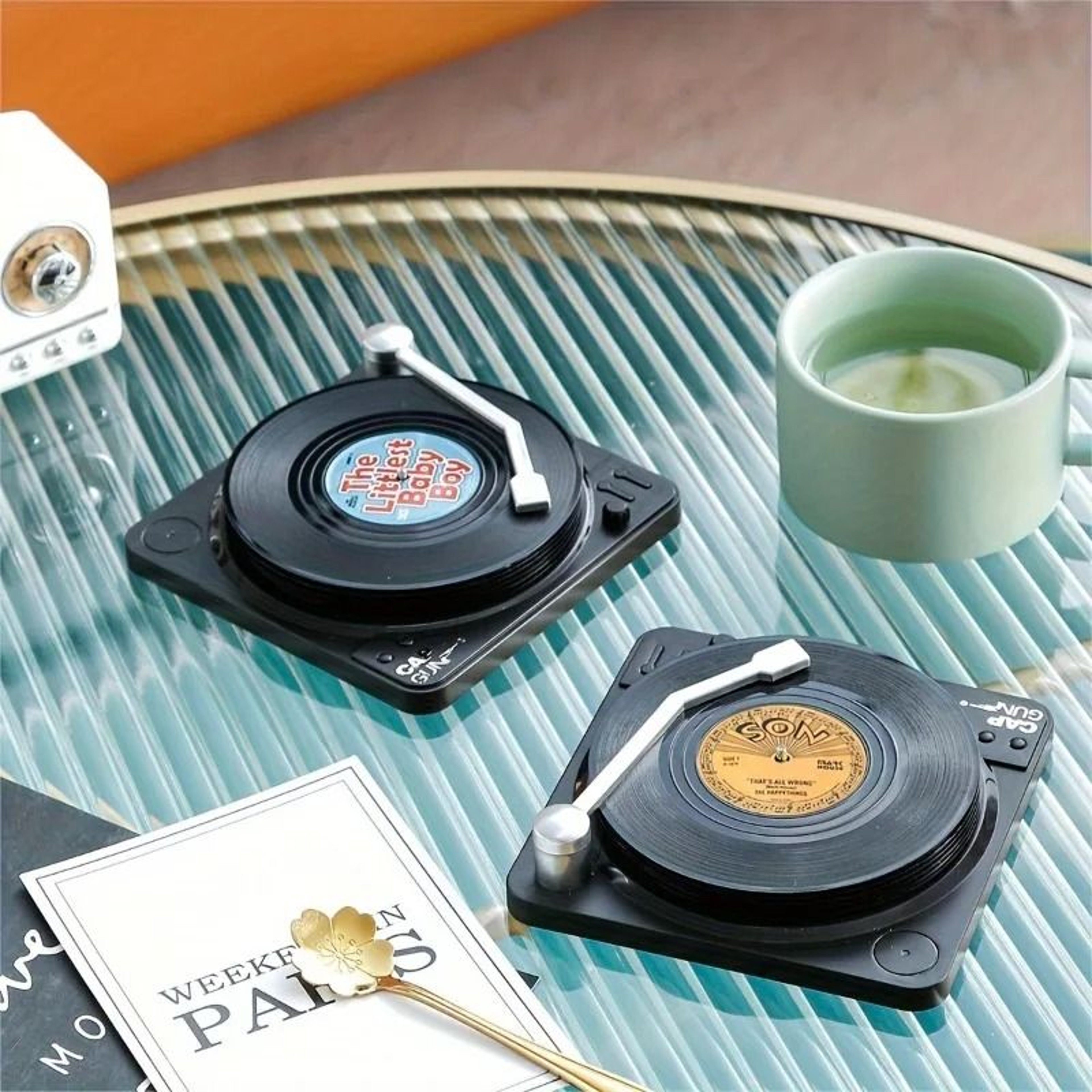 6 Piece Retro Vinyl Record Coaster Set With Storage Rack 0