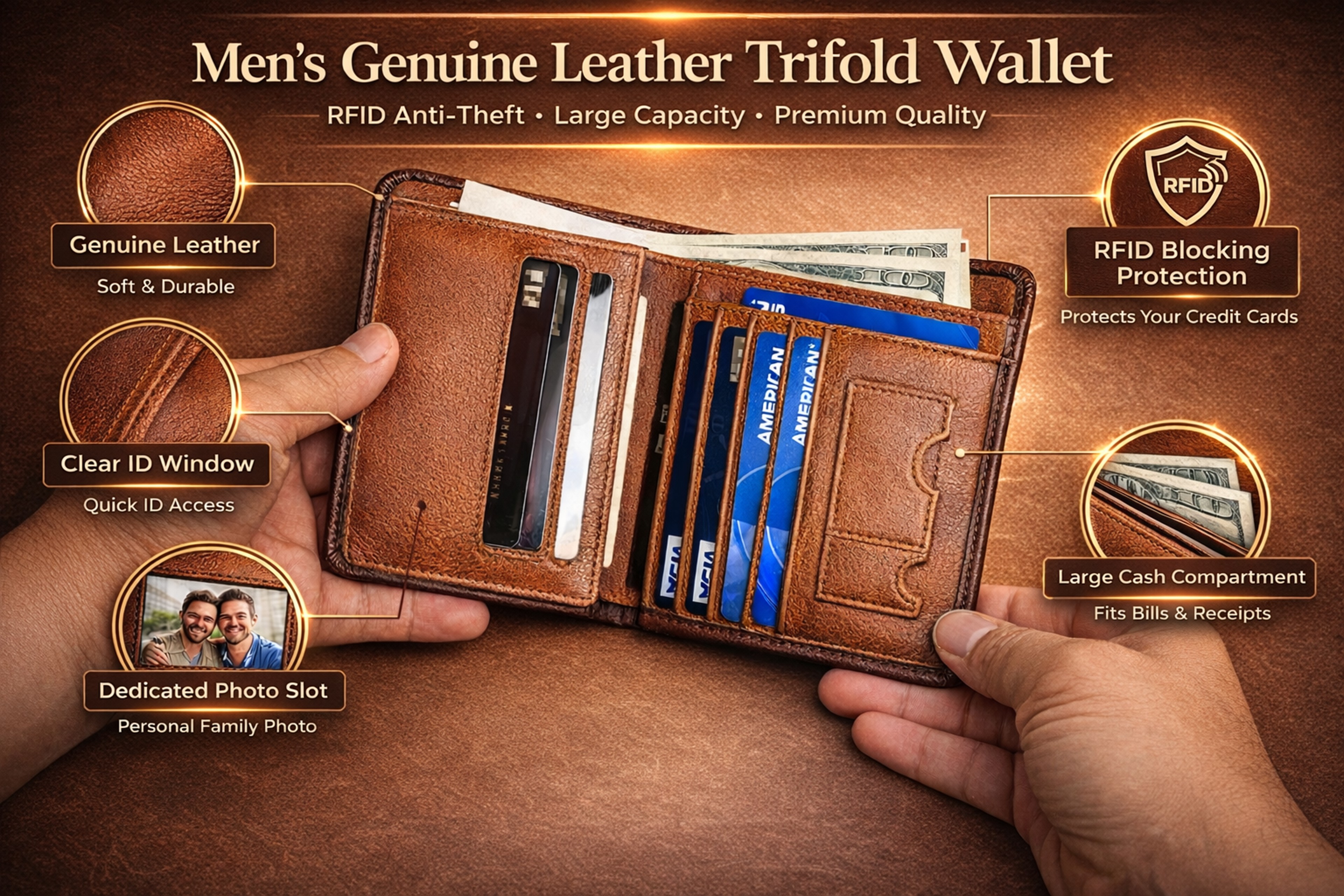 Genuine Leather RFID Trifold Wallet for Men – view 16