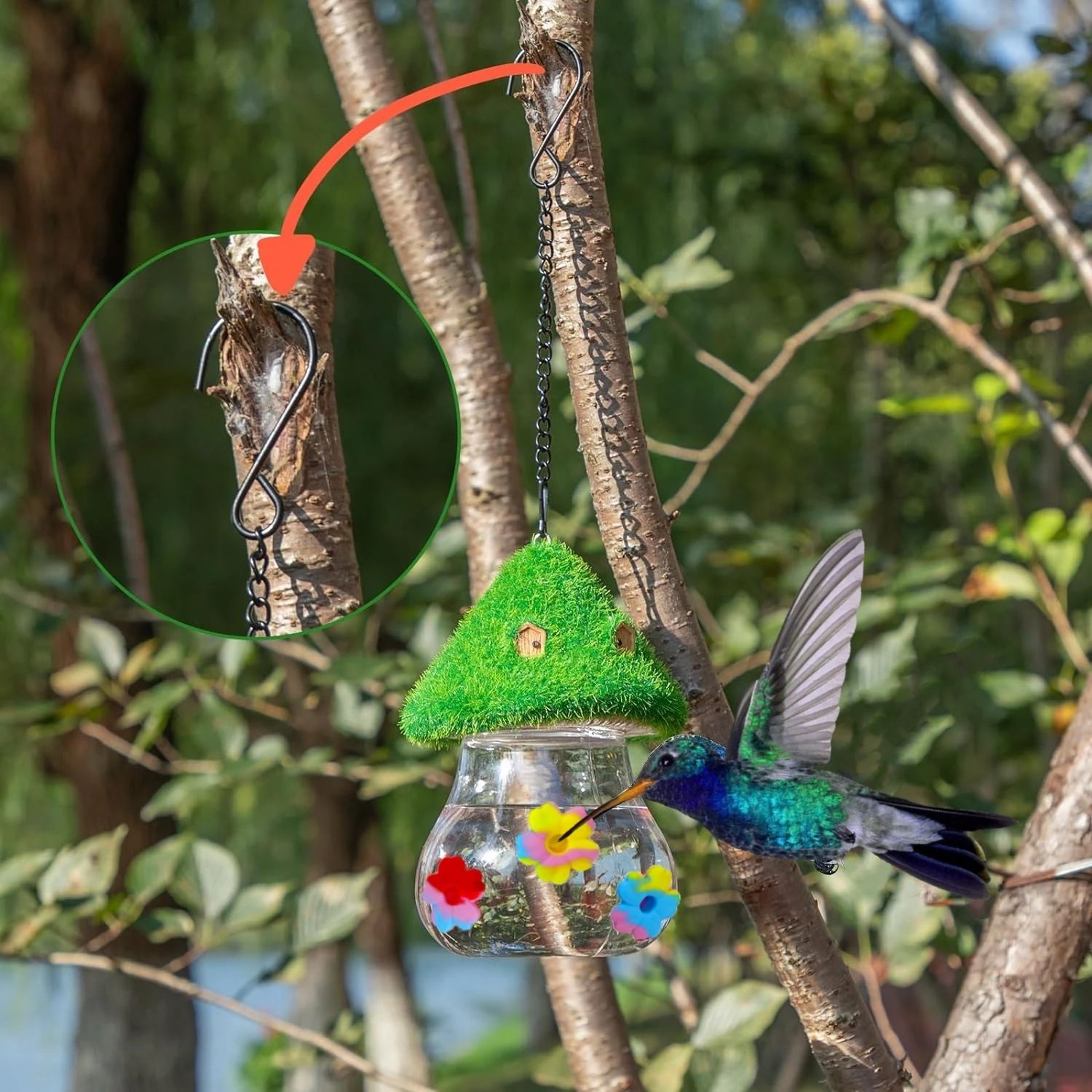 Hanging Hummingbird Feeder With Wind Chime And Mushroom Design 2