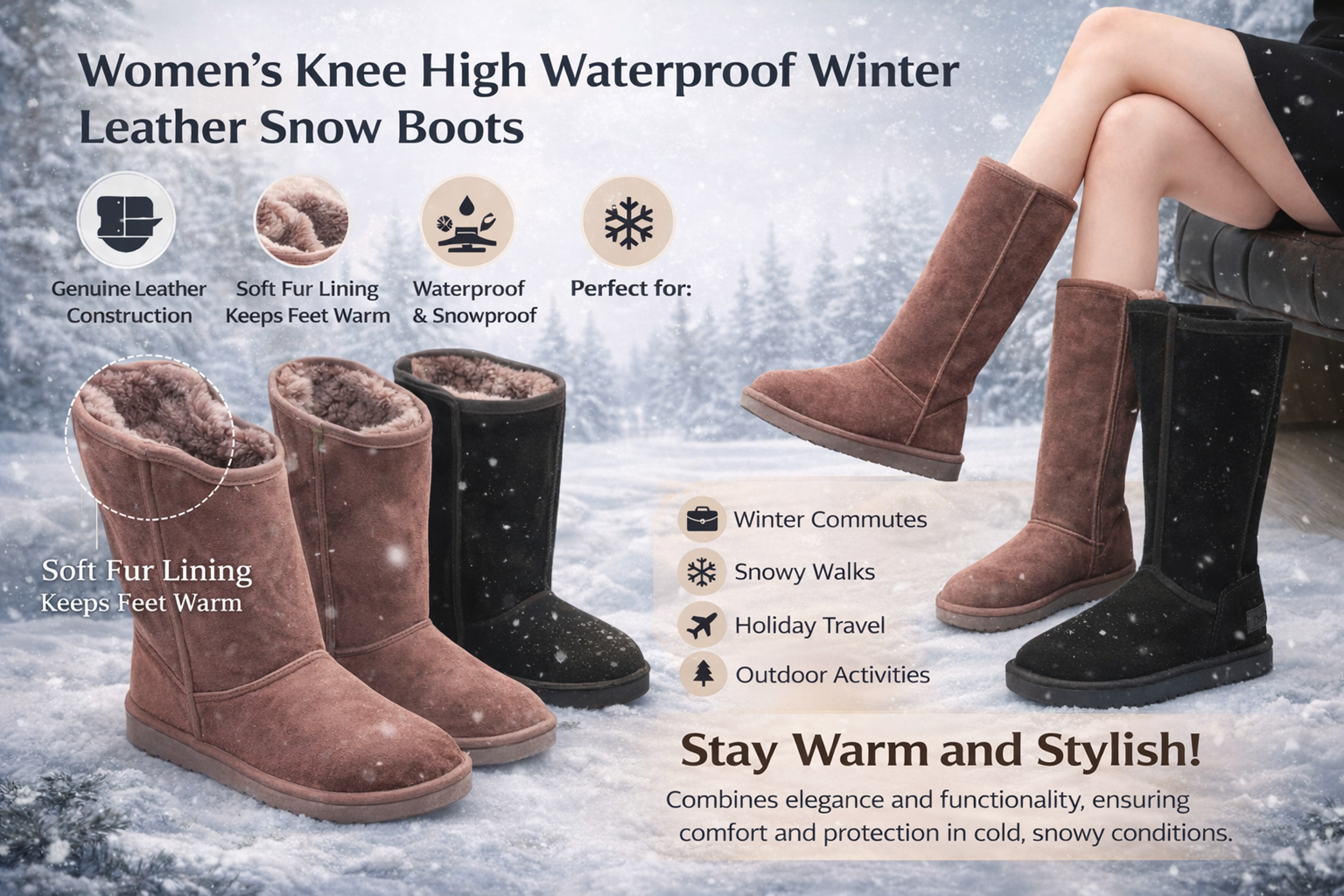 Women Knee High Waterproof Winter Leather Snow Boots – view 10
