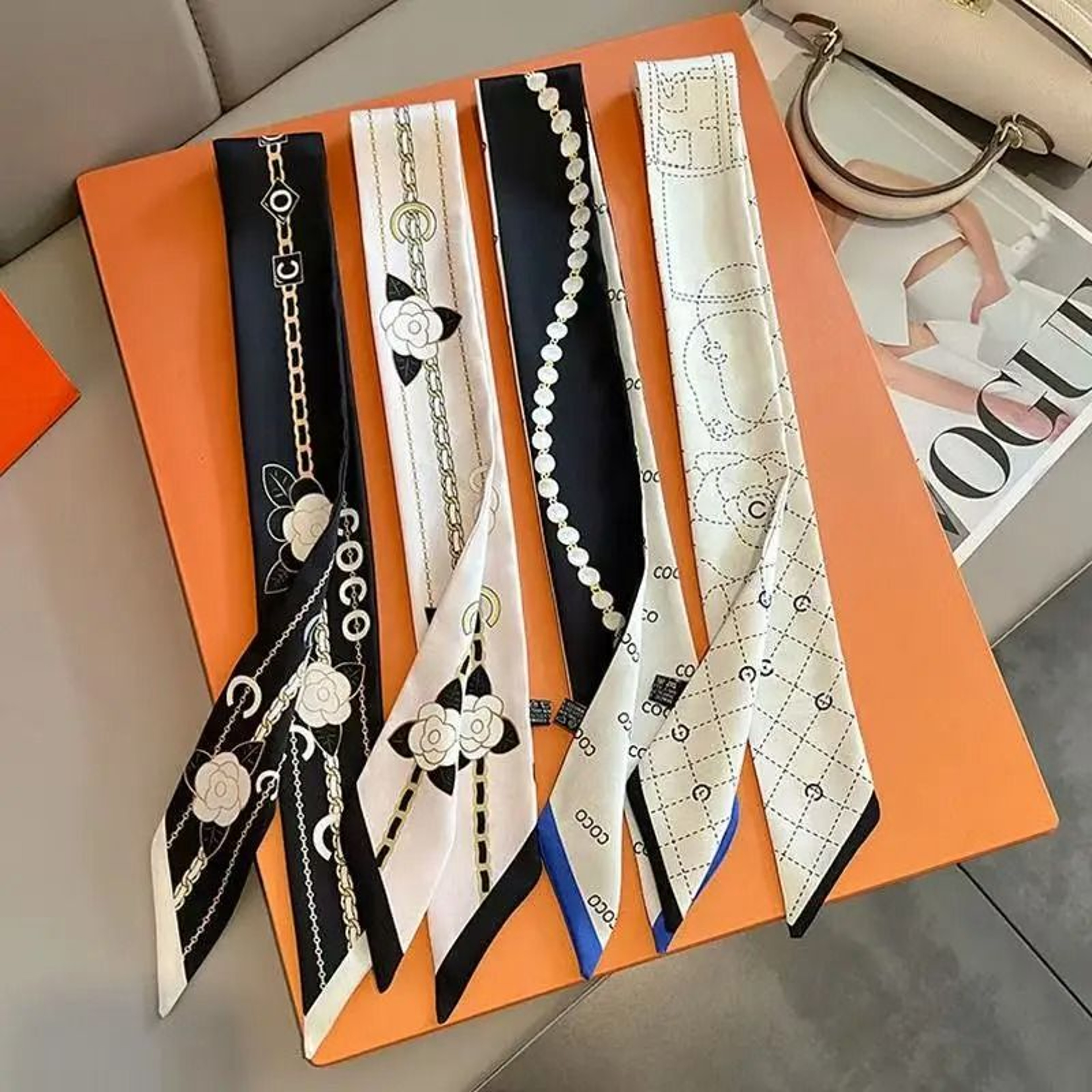 French Elegant Black And White Silk Ribbon Scarf 0