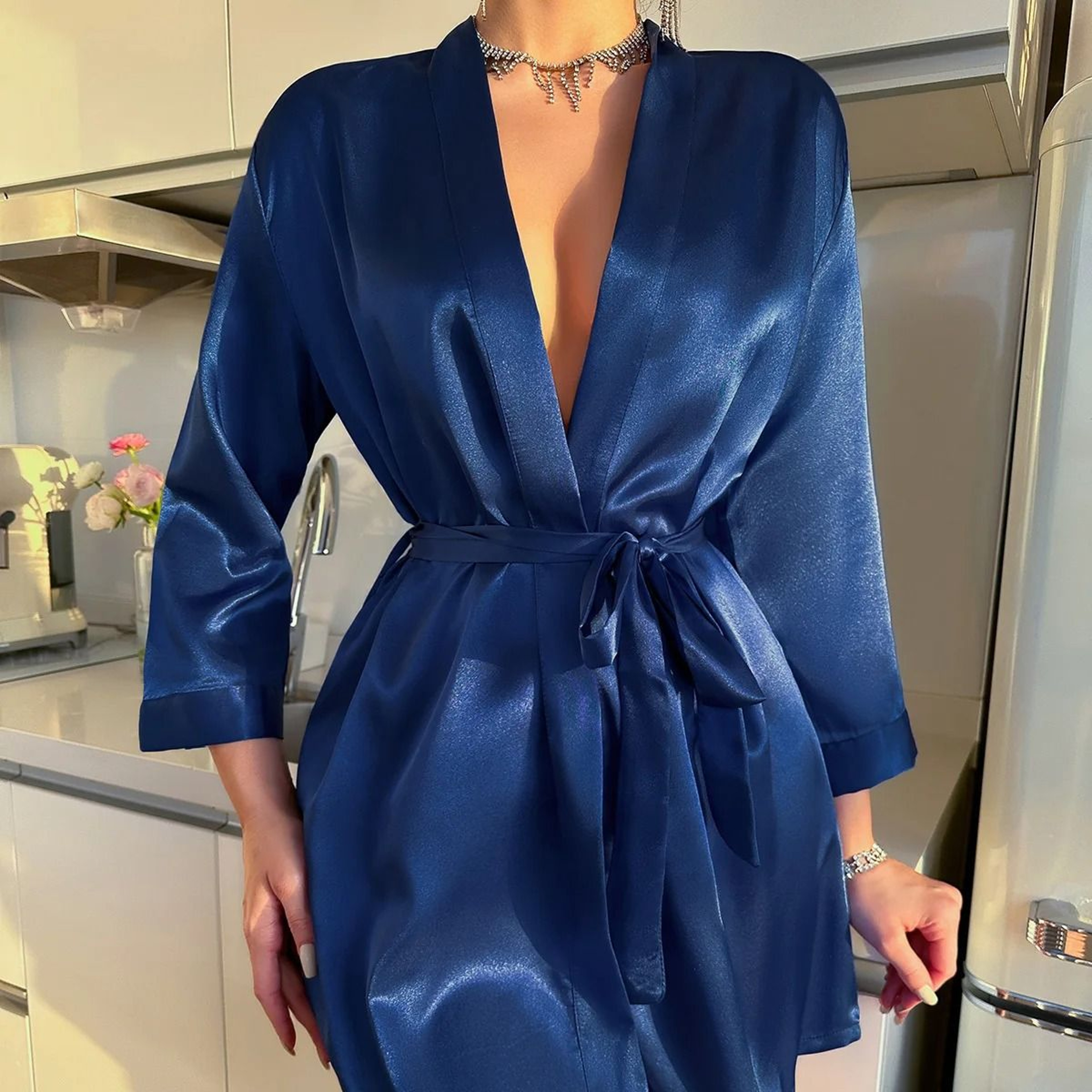 Elegant Silky Satin Short Kimono Robe 5