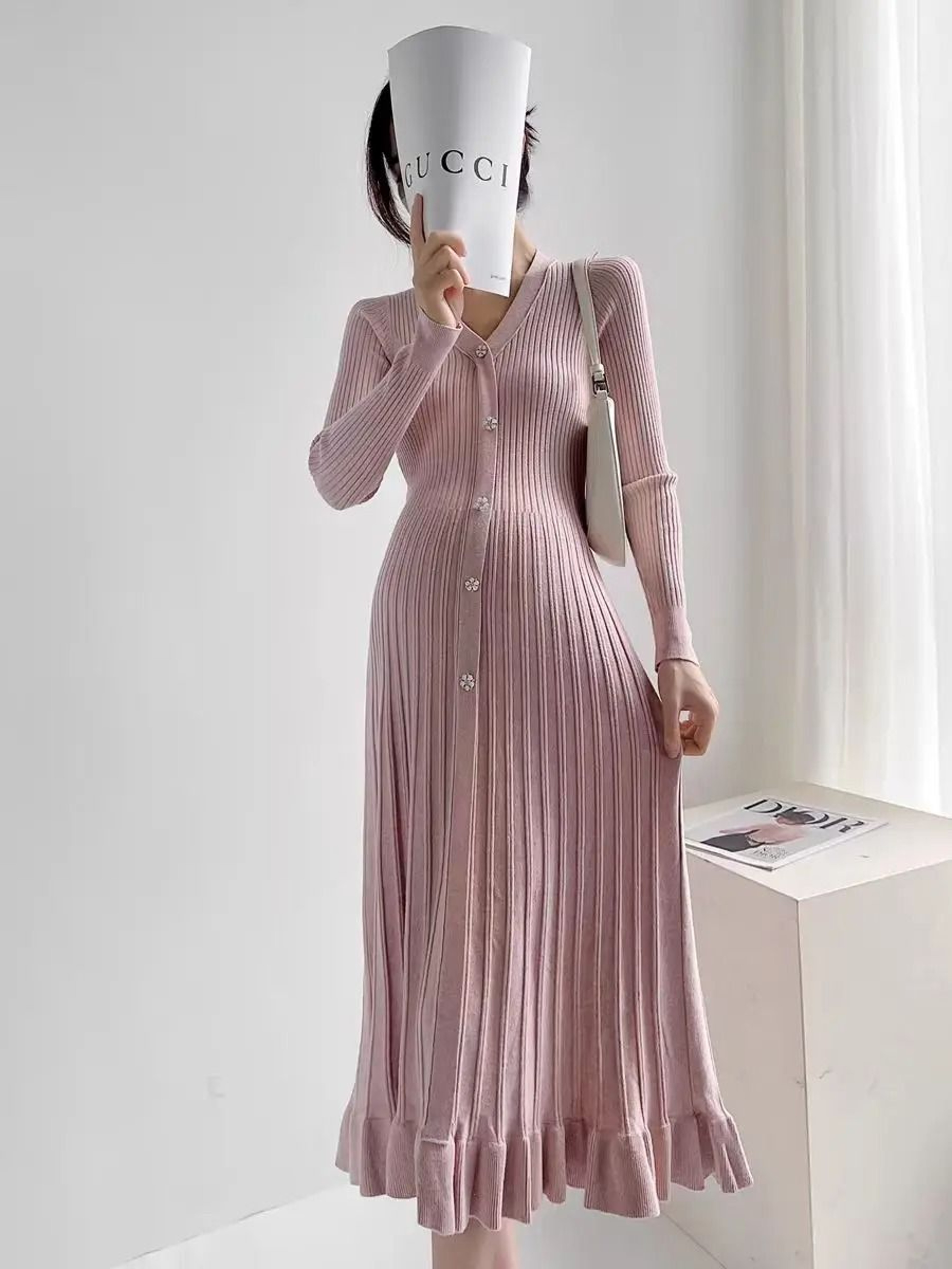 Single Breasted V Neck Fishtail Maternity Knit Dress 0