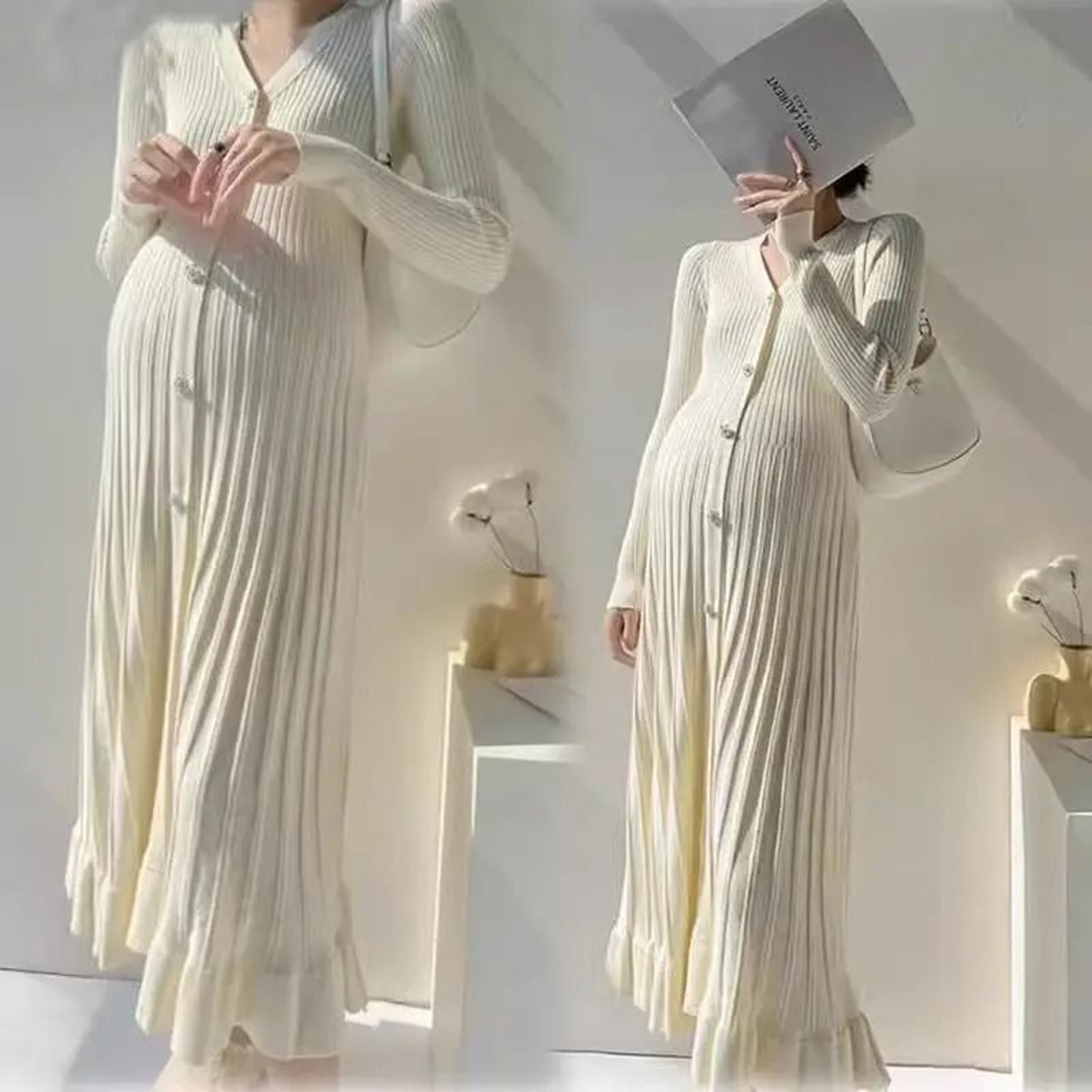 Single Breasted V Neck Fishtail Maternity Knit Dress 2