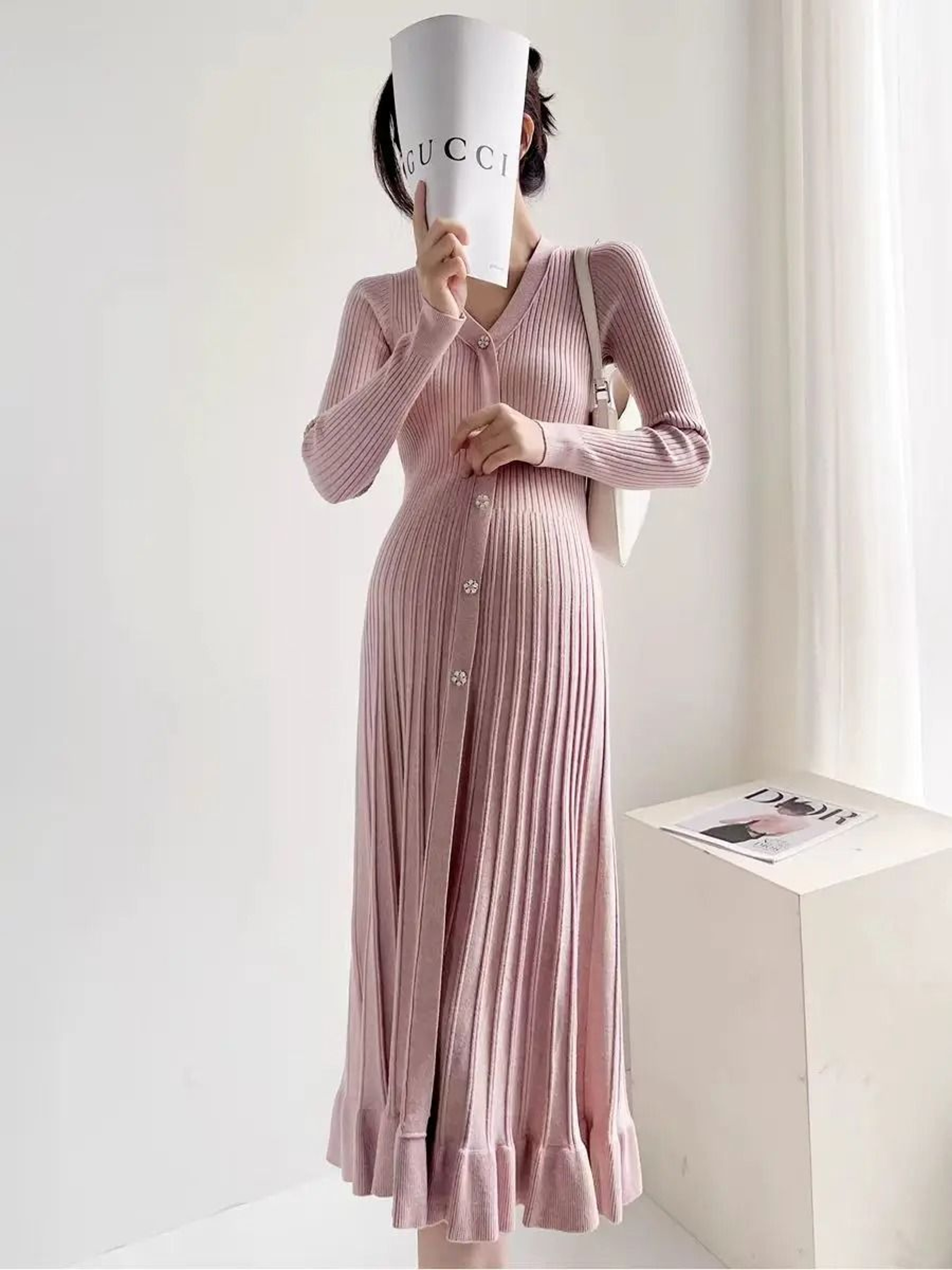 Single Breasted V Neck Fishtail Maternity Knit Dress 4