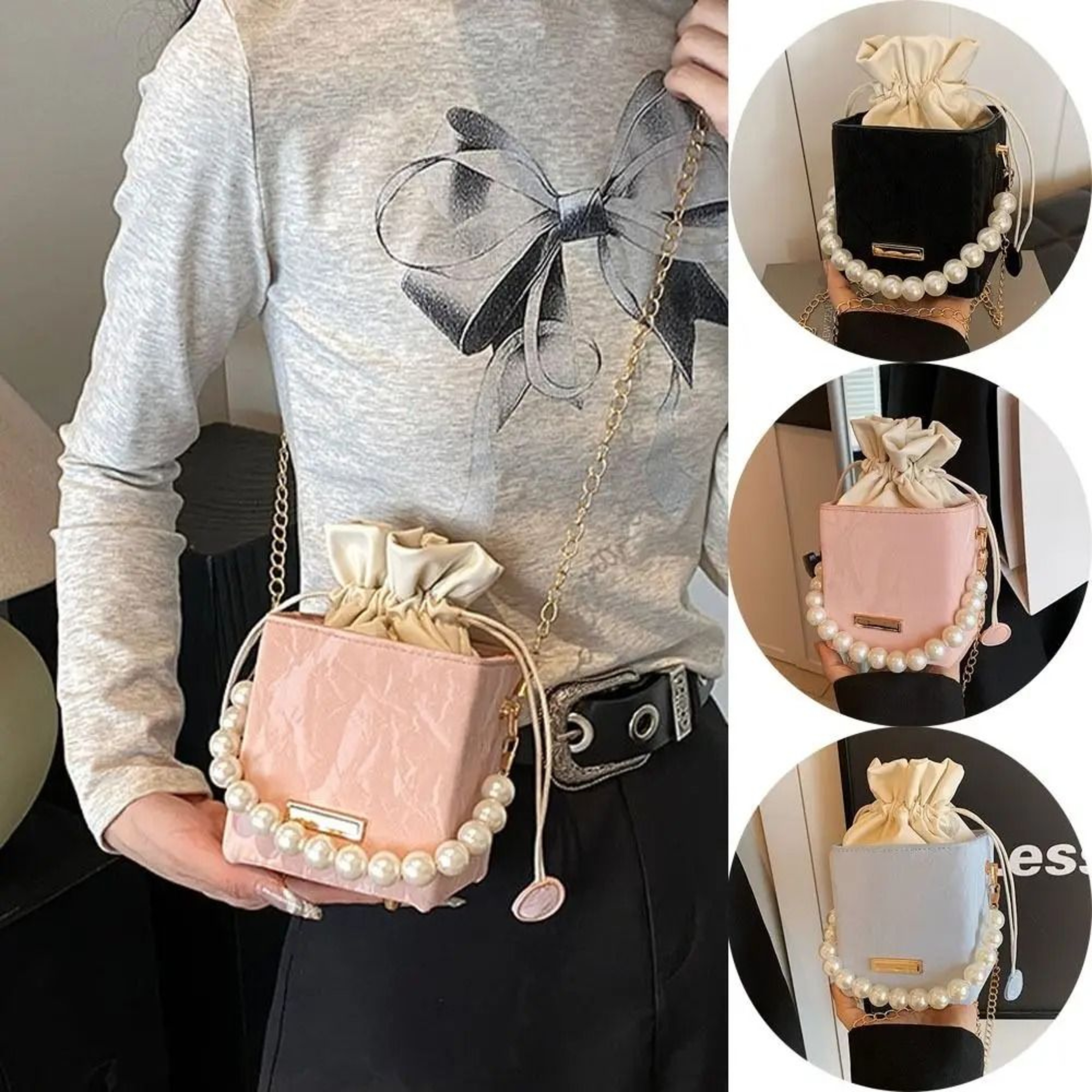 Pearl Handle Vintage Drawstring Crossbody Bag 4