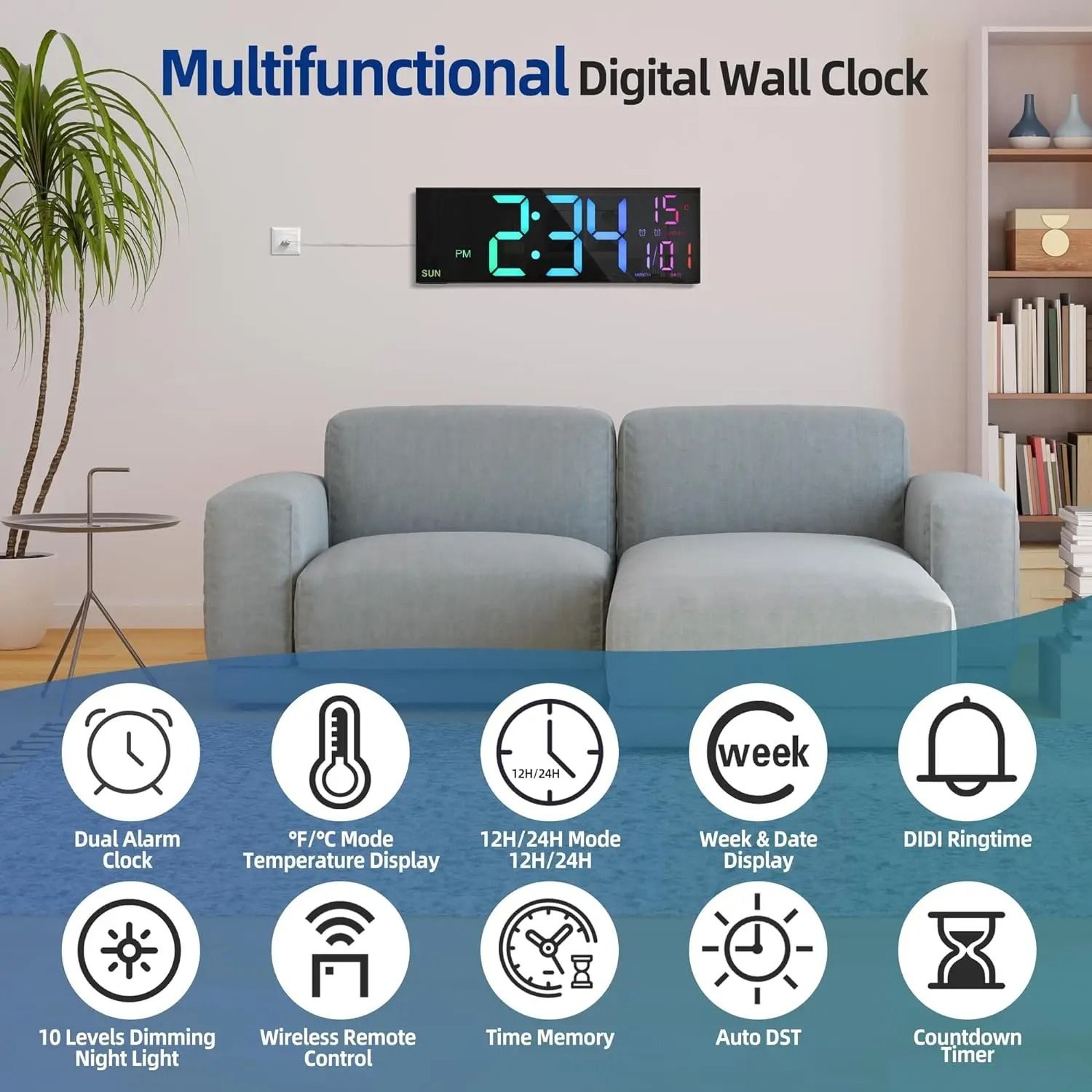 162 Inch Large RGB Digital Wall Clock With Remote Control 5