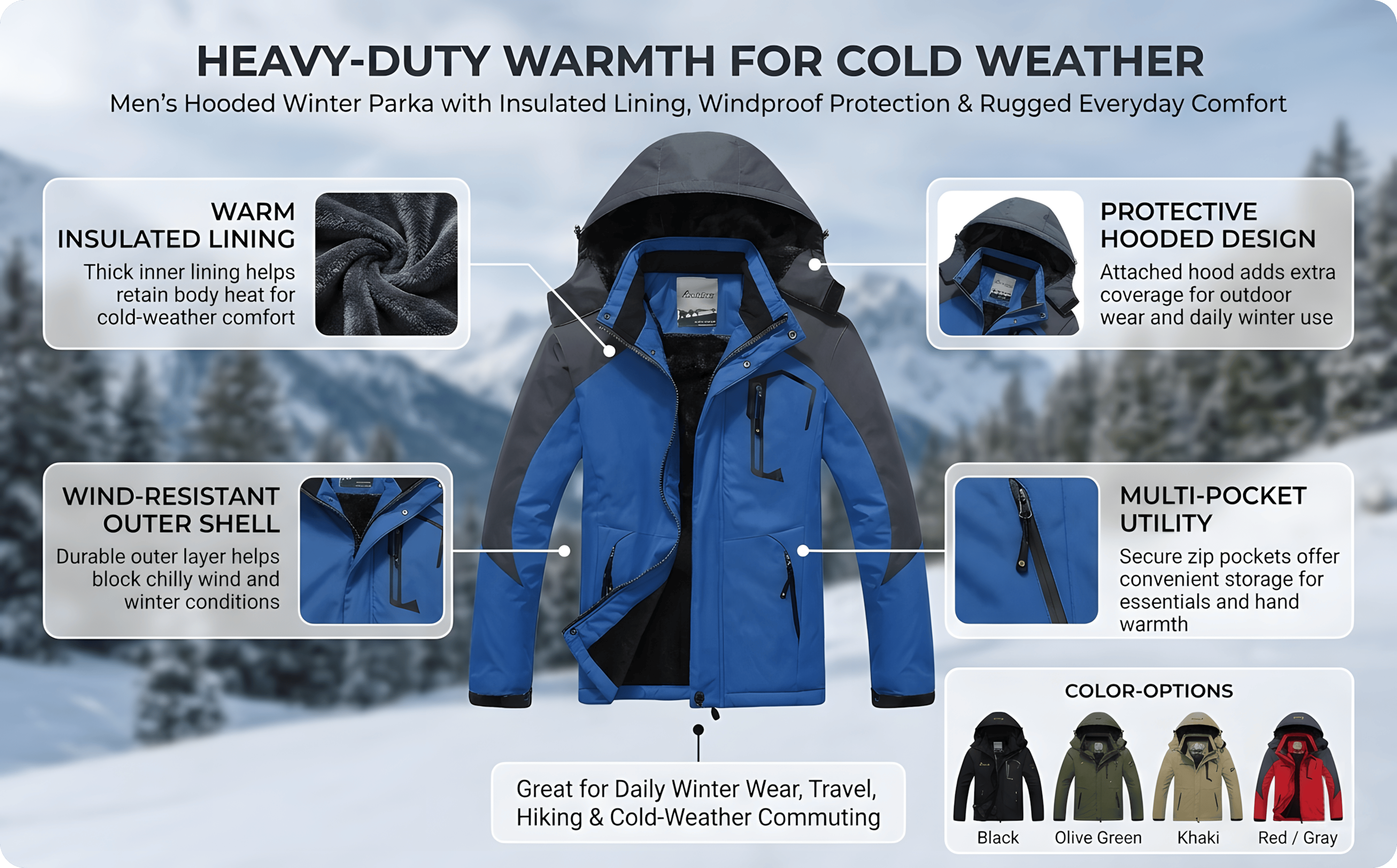 Mens Heavy Duty Winter Parka with Fur Hood and Windproof Warm Lining – view 9
