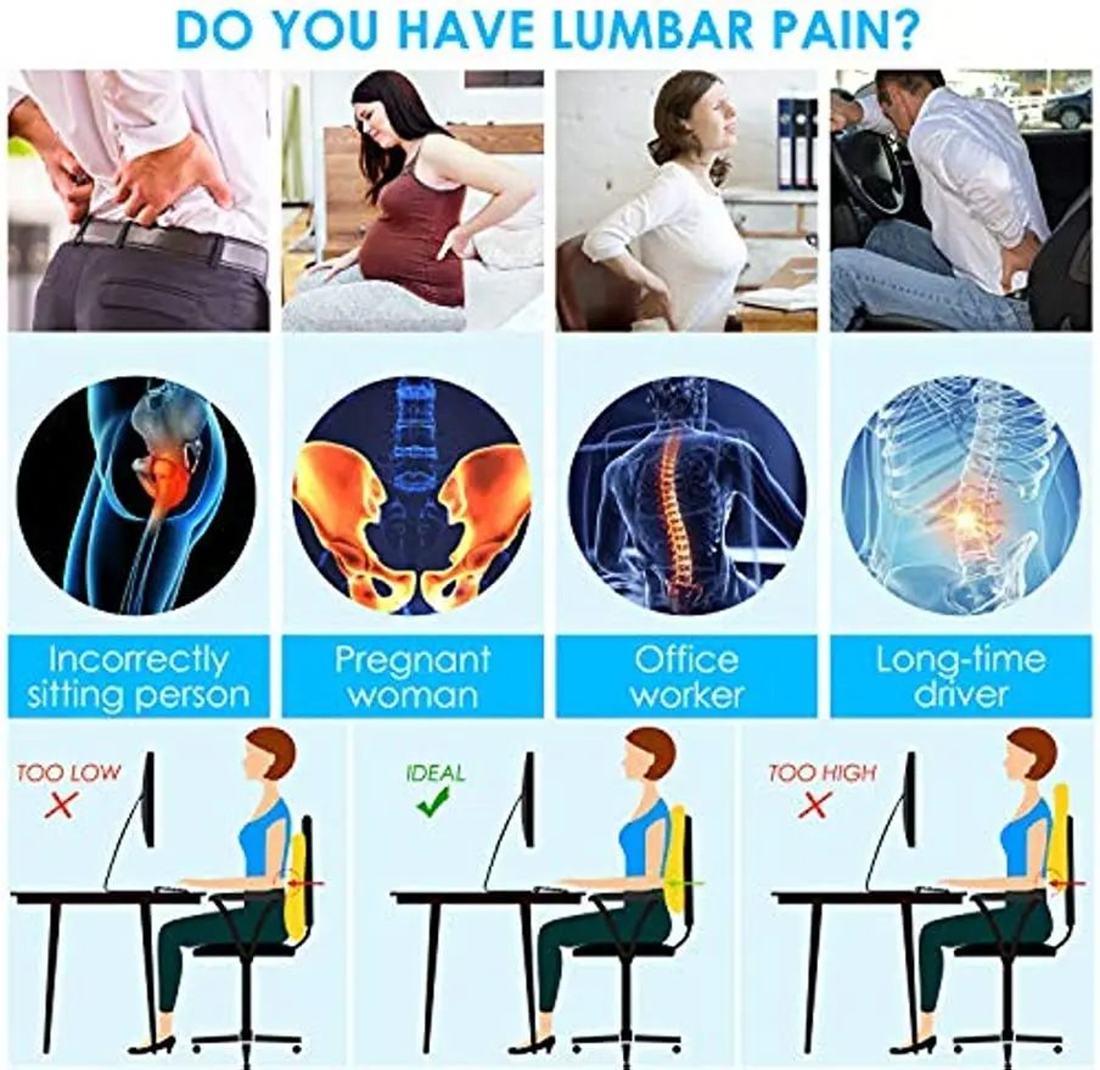 Memory Foam NonSlip Car Seat Cushion For Office And Gaming Chairs Ergonomic Lumbar Support Pillow F 4