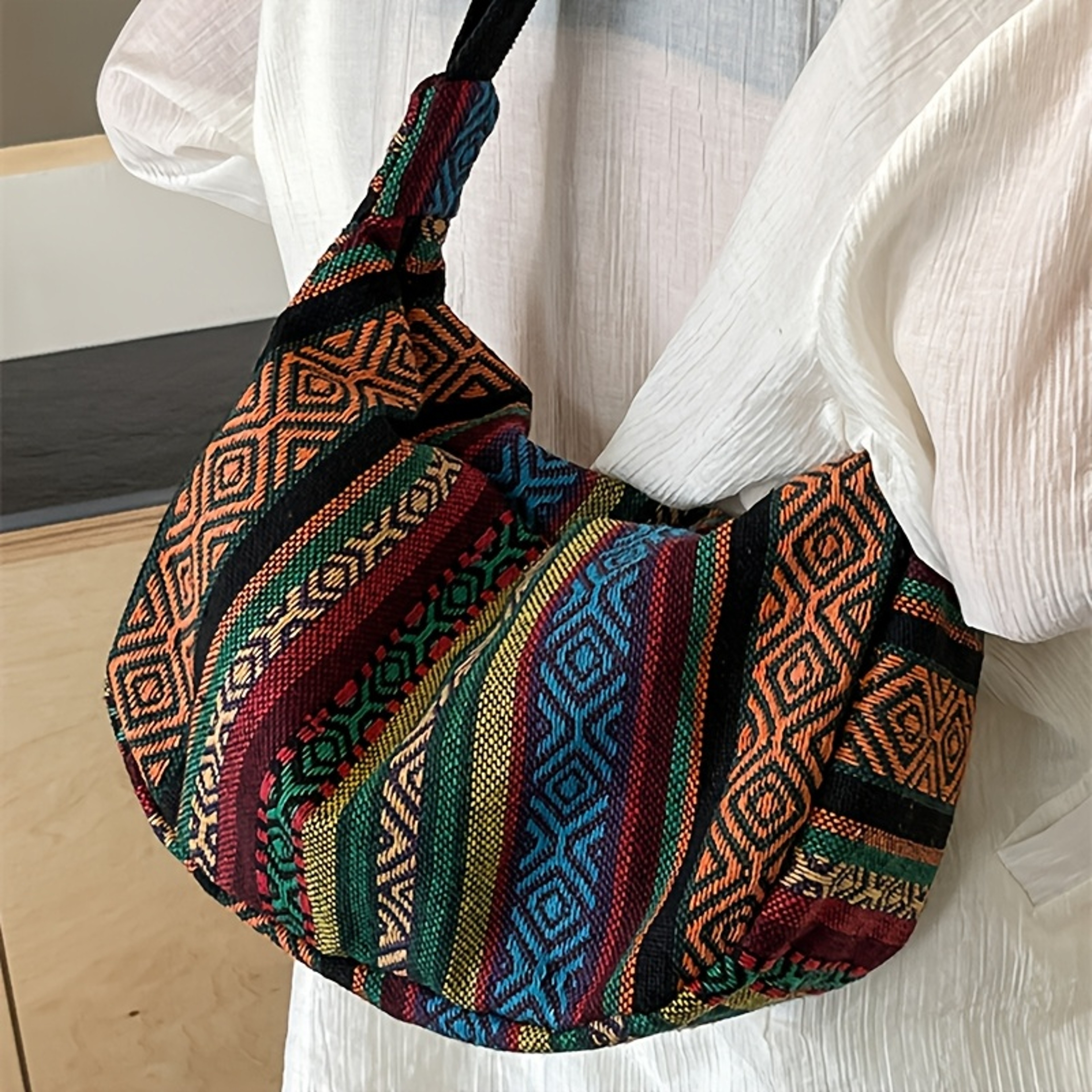 Foldable Crossbody with Zipper Closure, Tribal Style Shoulder Bag, Striped Flag Theme, Hand Washable Edge Painted Lining – view 1