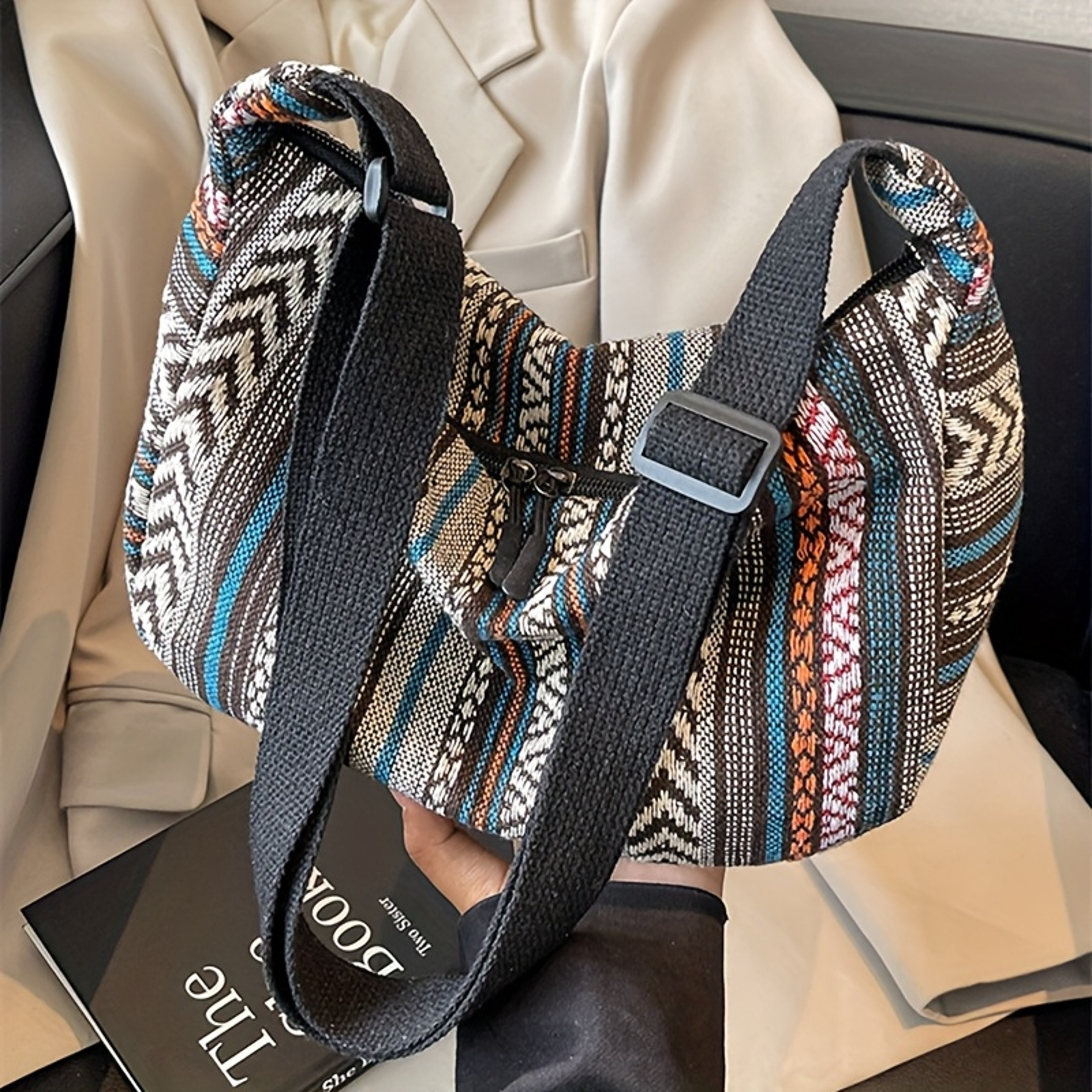 Foldable Crossbody with Zipper Closure, Tribal Style Shoulder Bag, Striped Flag Theme, Hand Washable Edge Painted Lining – view 4