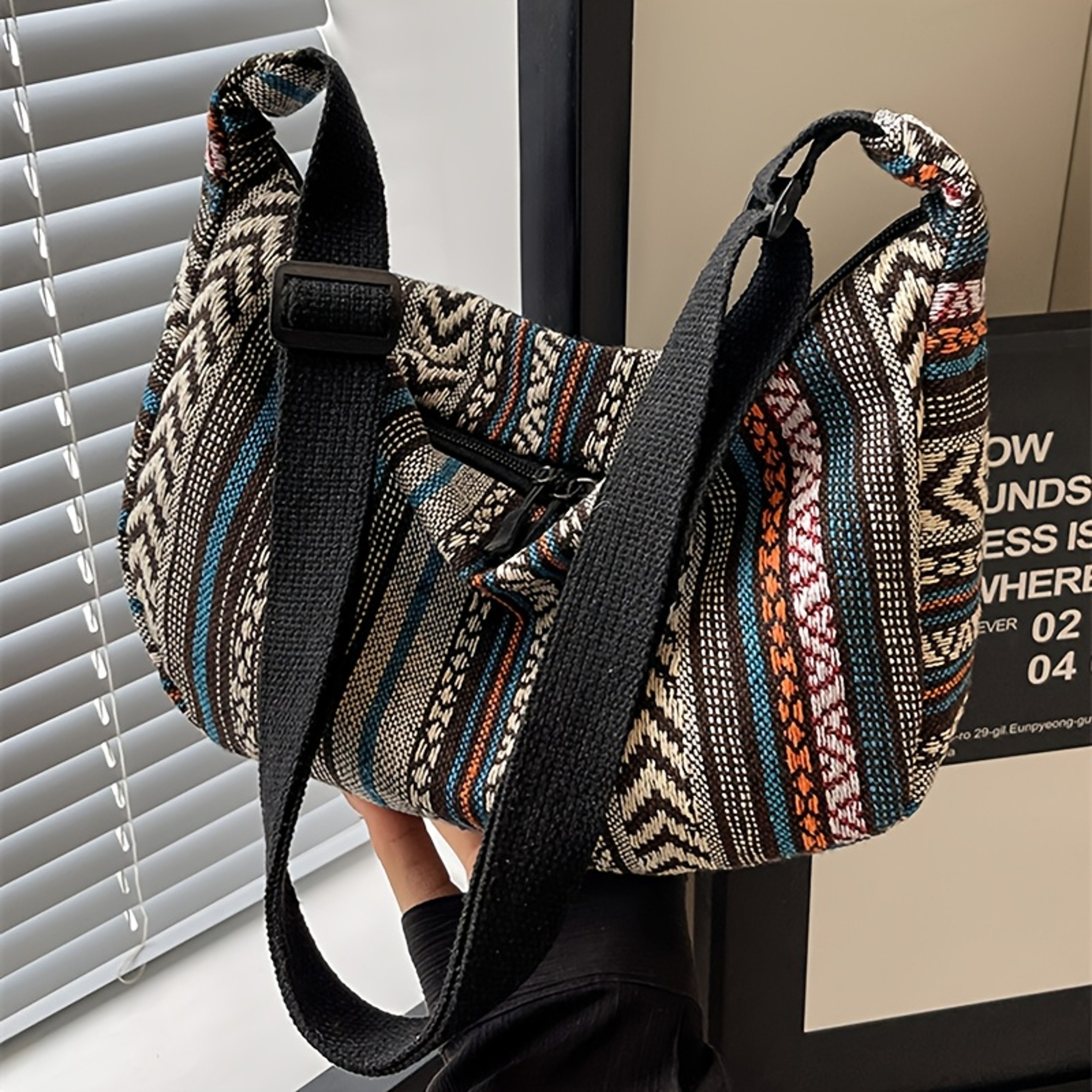 Foldable Crossbody with Zipper Closure, Tribal Style Shoulder Bag, Striped Flag Theme, Hand Washable Edge Painted Lining – view 5