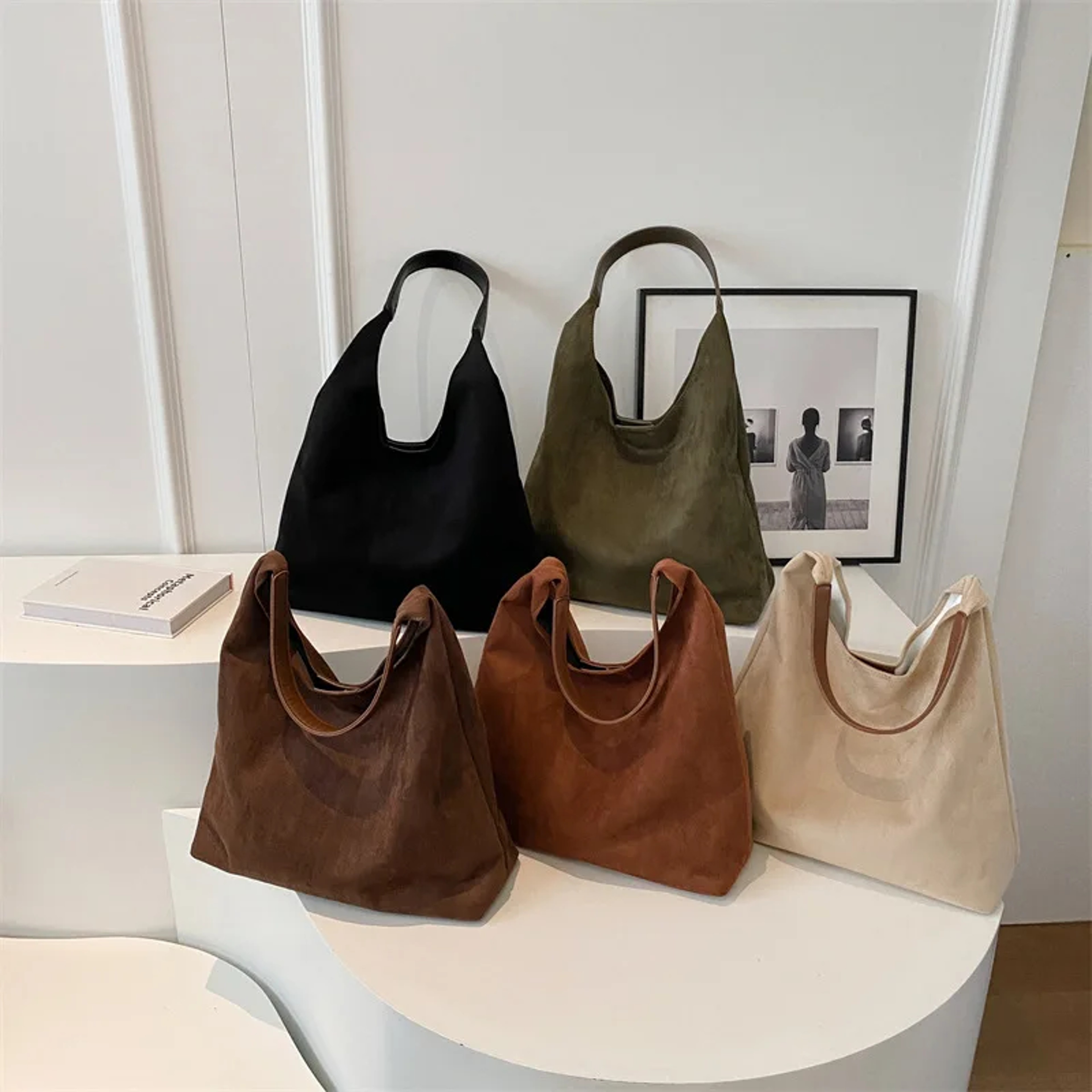 Vintage Suede Shoulder Bag for Women, Large Capacity Autumn and Winter Tote, Simple Solid Color Casual Retro Handbag – view 3