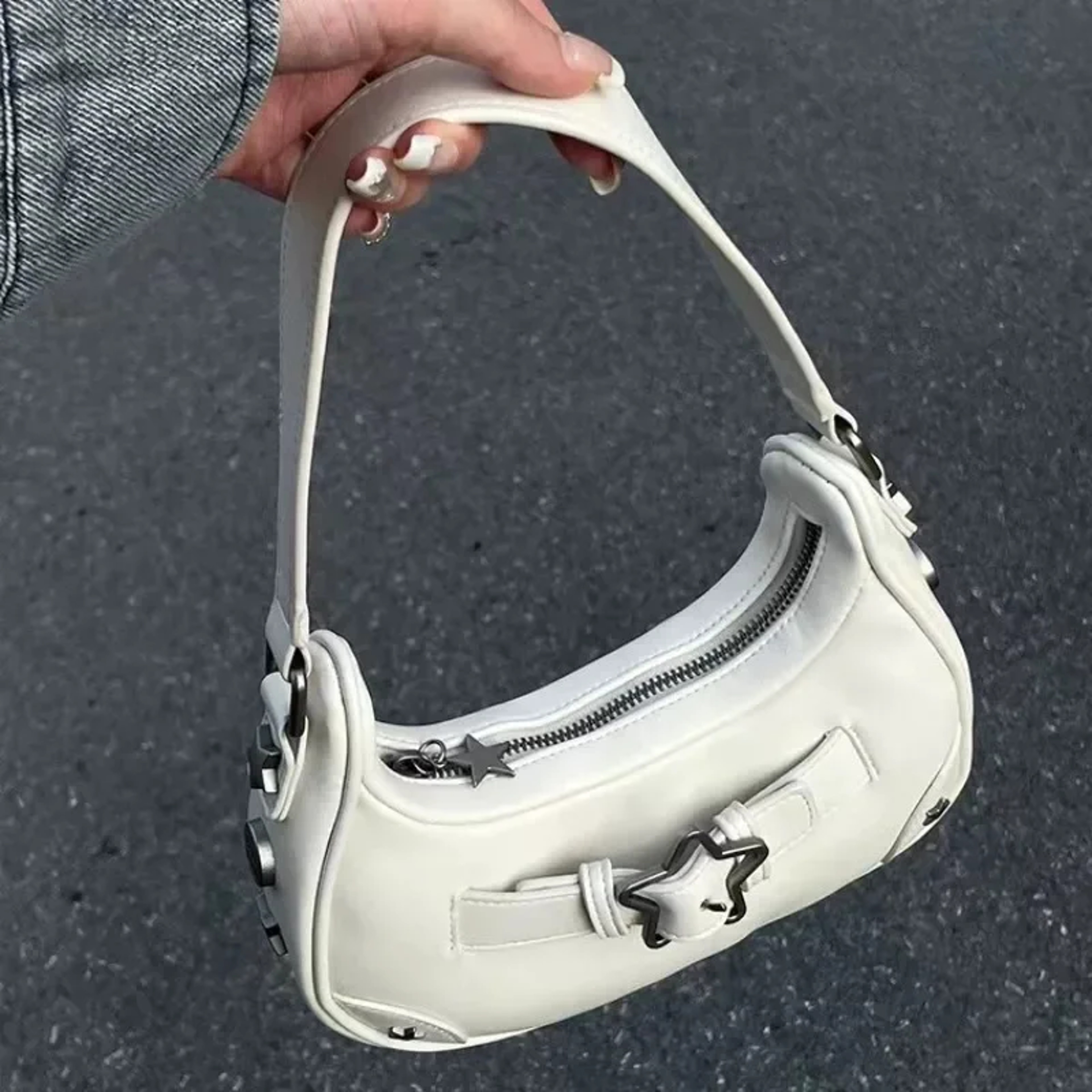 Casual Cute White, Vintage Korean, Star Shoulder Underarm, Ladies Tote Bag, Leather Zip Sling Handbag, Purses Women – view 1