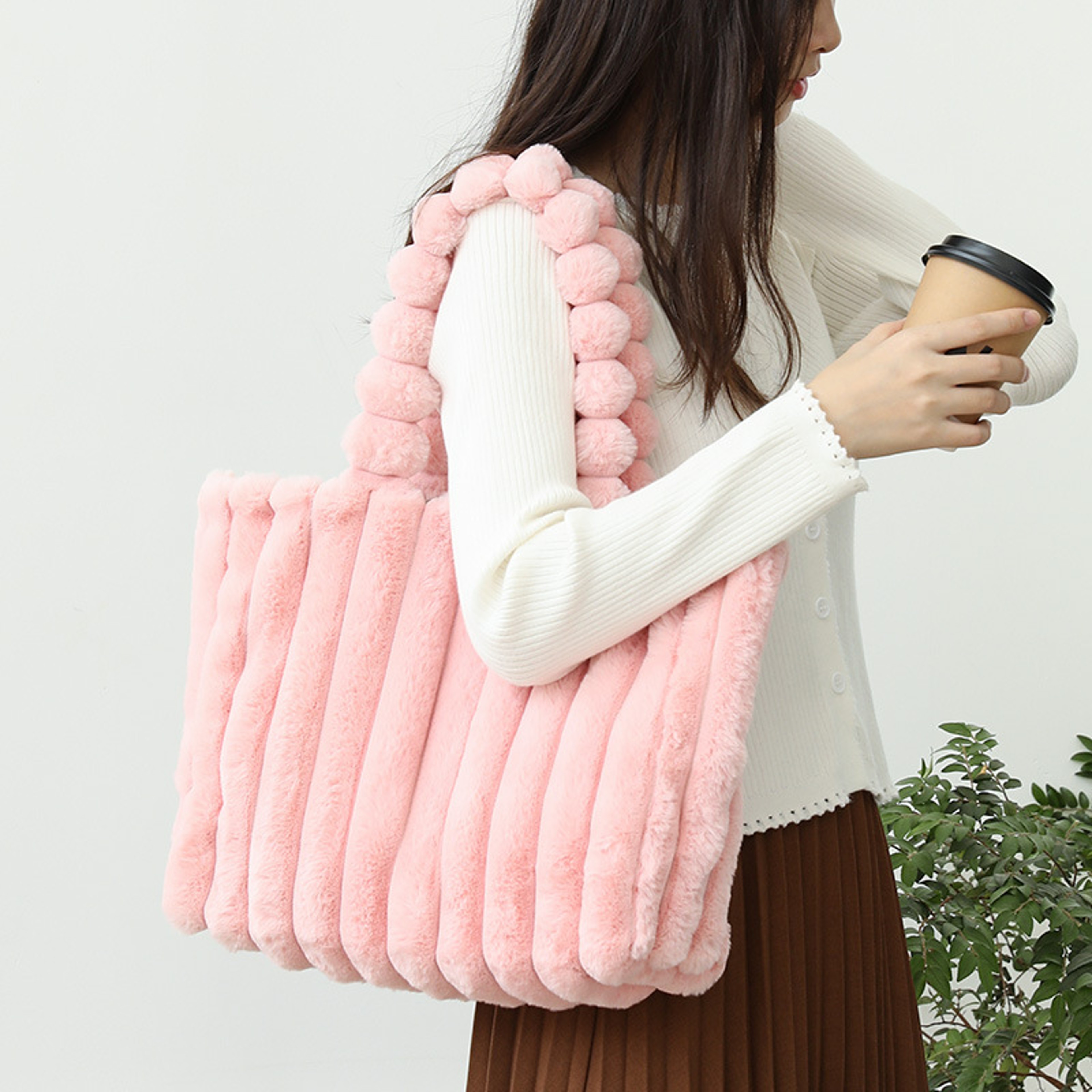 Soft Striped Faux Fur Shoulder Bag, Luxurious Autumn Winter Plush Tote Bag, Comfortable Handheld Strap Fashion Purse – view 5