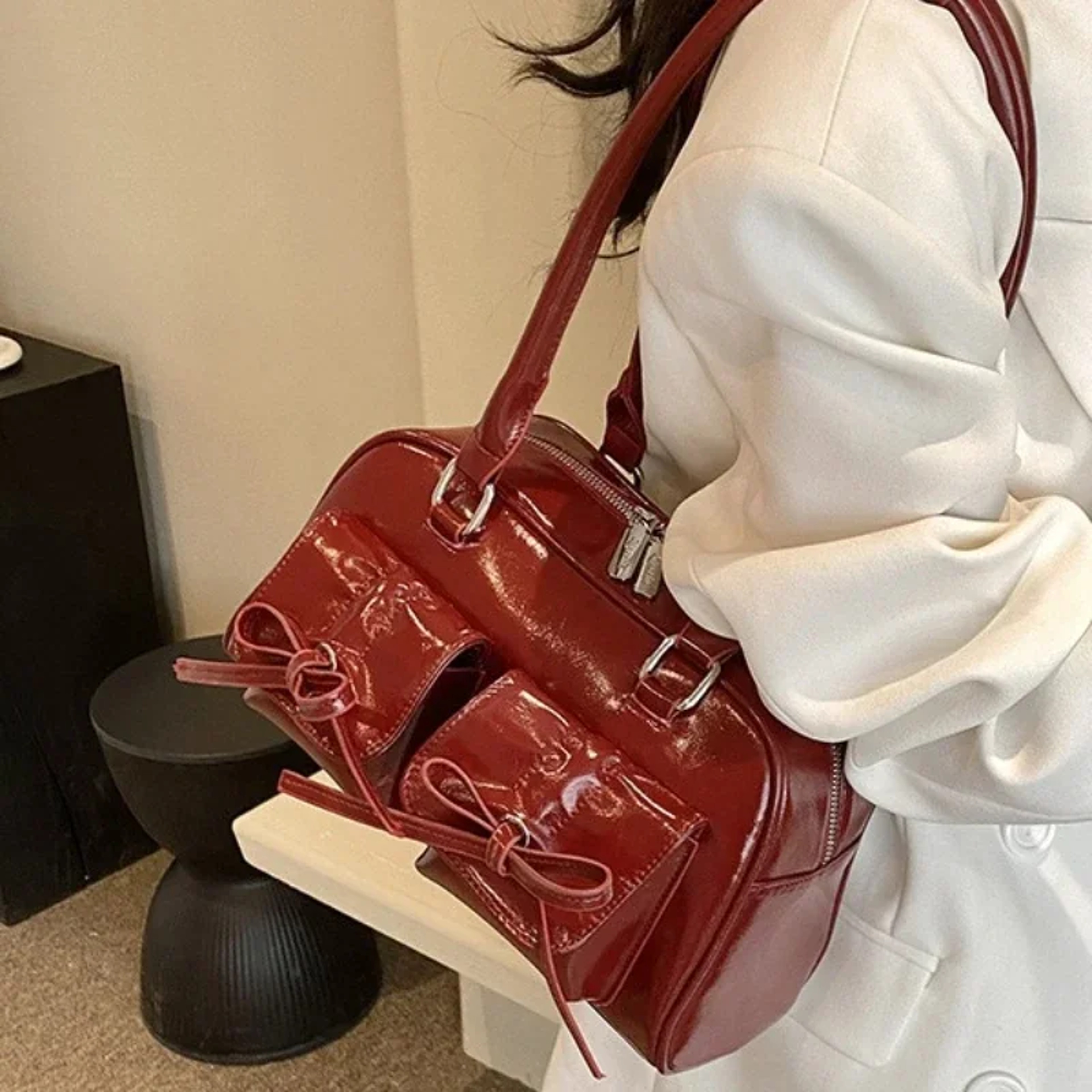 Burgundy Large Handbags Purse, Leather Female Underarm Bag, Vintage Women Business Tote, Simple Ladies Shoulder Bag – view 2