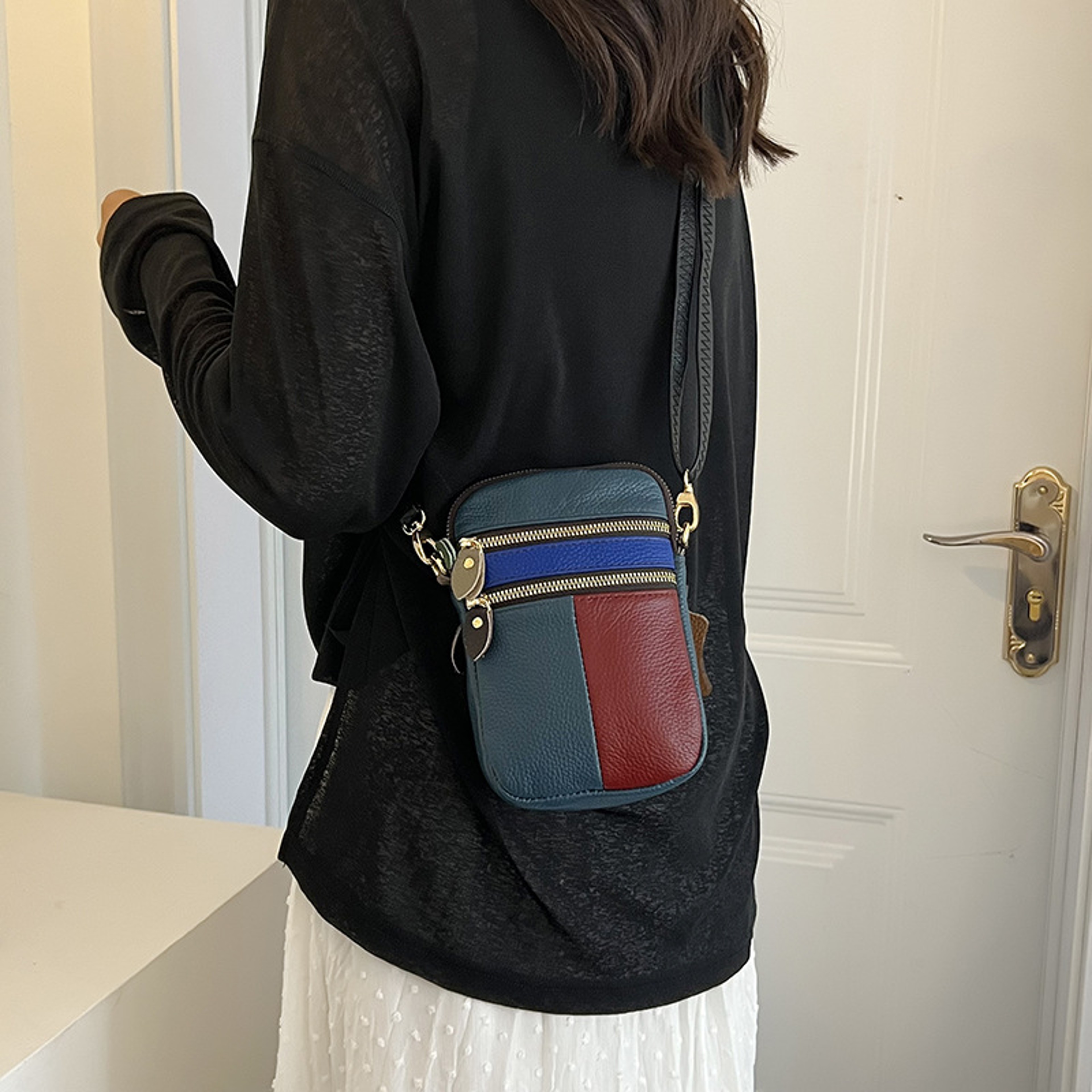 Women Shoulder Bag Multi, New Fashion Soft Leather, Small Mobile Phone Bag, Zipper Soft Cowhide, Color Stitching Random – view 5