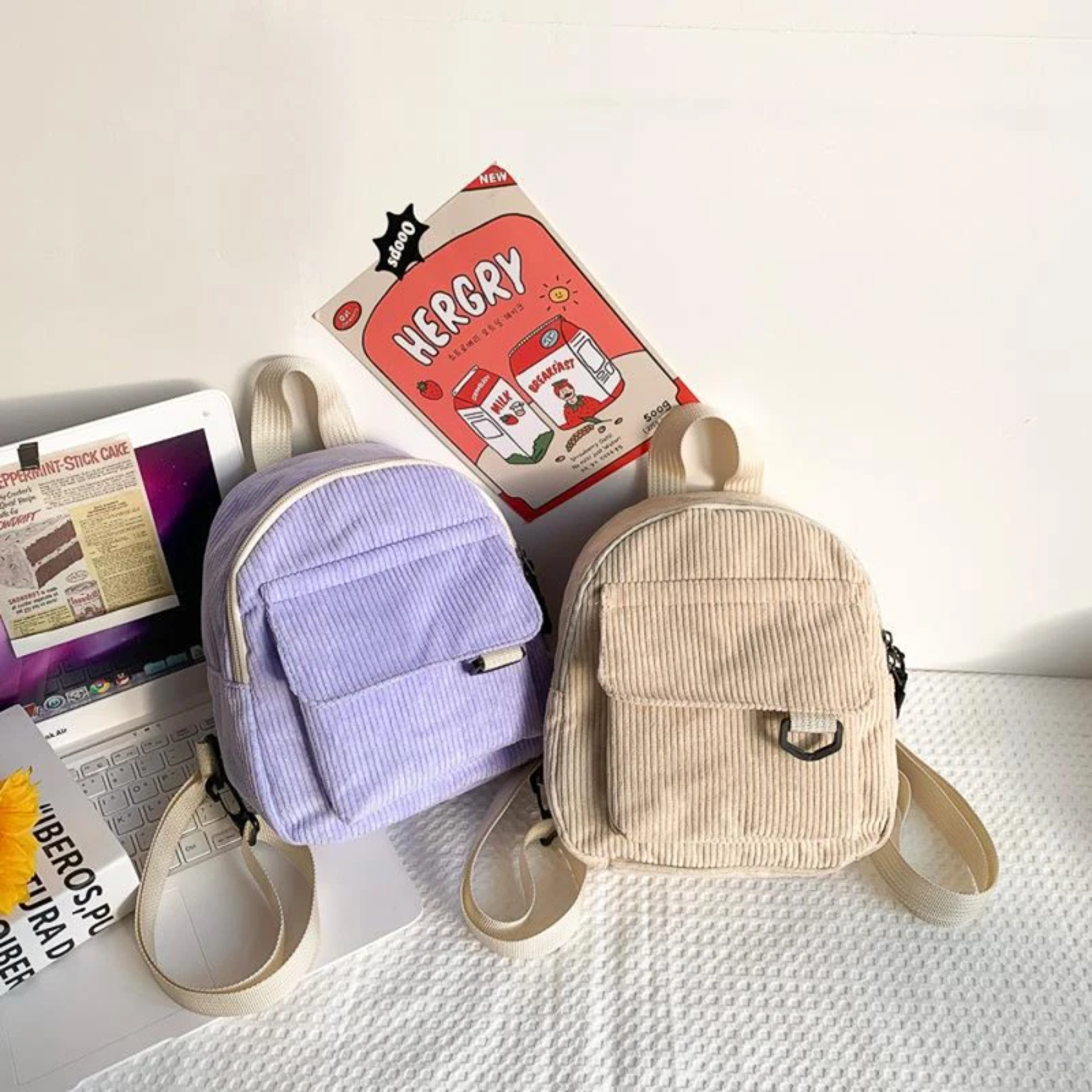 Corduroy texture, mini backpack ins, versatile backpack, super popular cute, commuting makeup bag, student bag – view 4