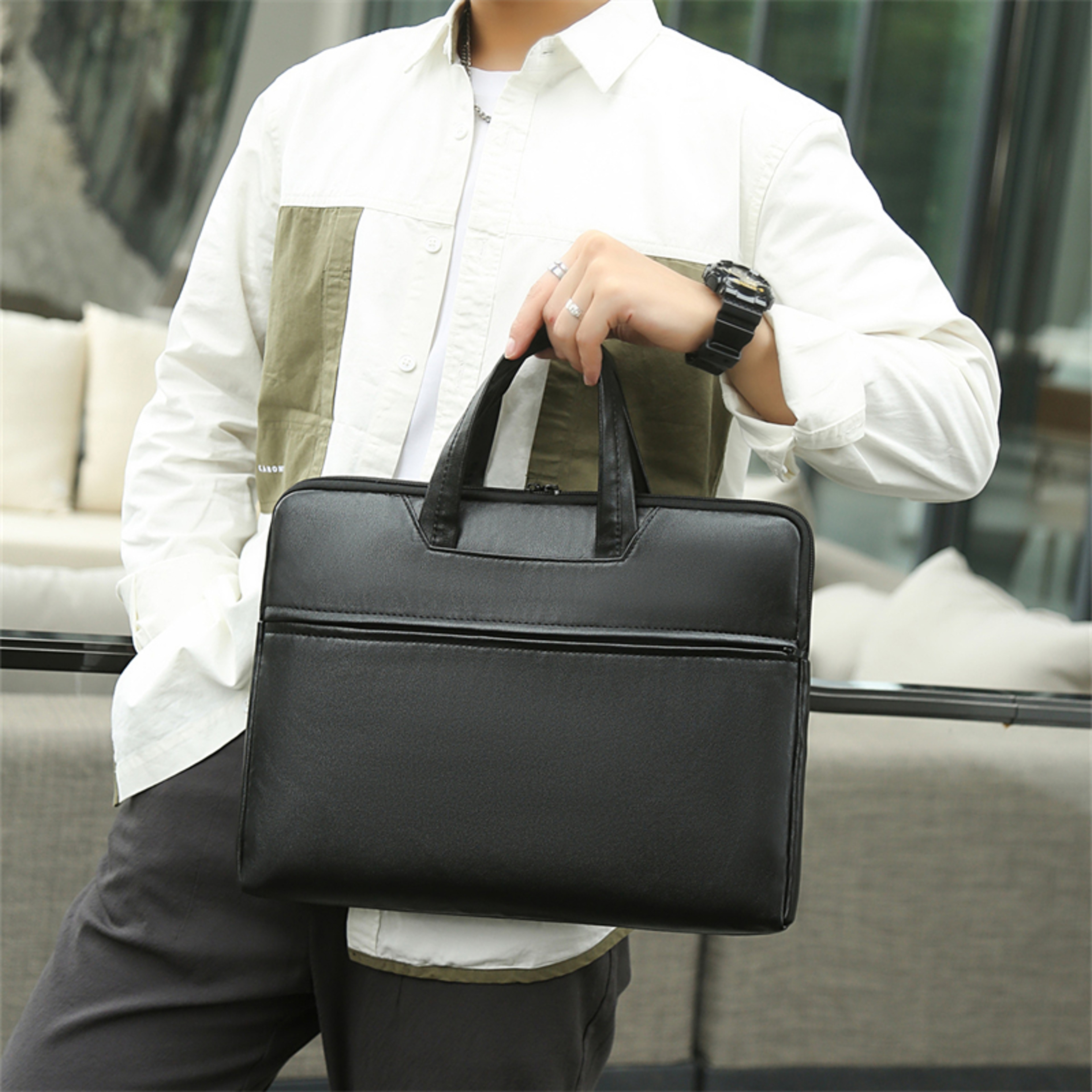 Men's Large Capacity Briefcase with Adjustable Shoulder Strap and Multiple Compartments – view 5