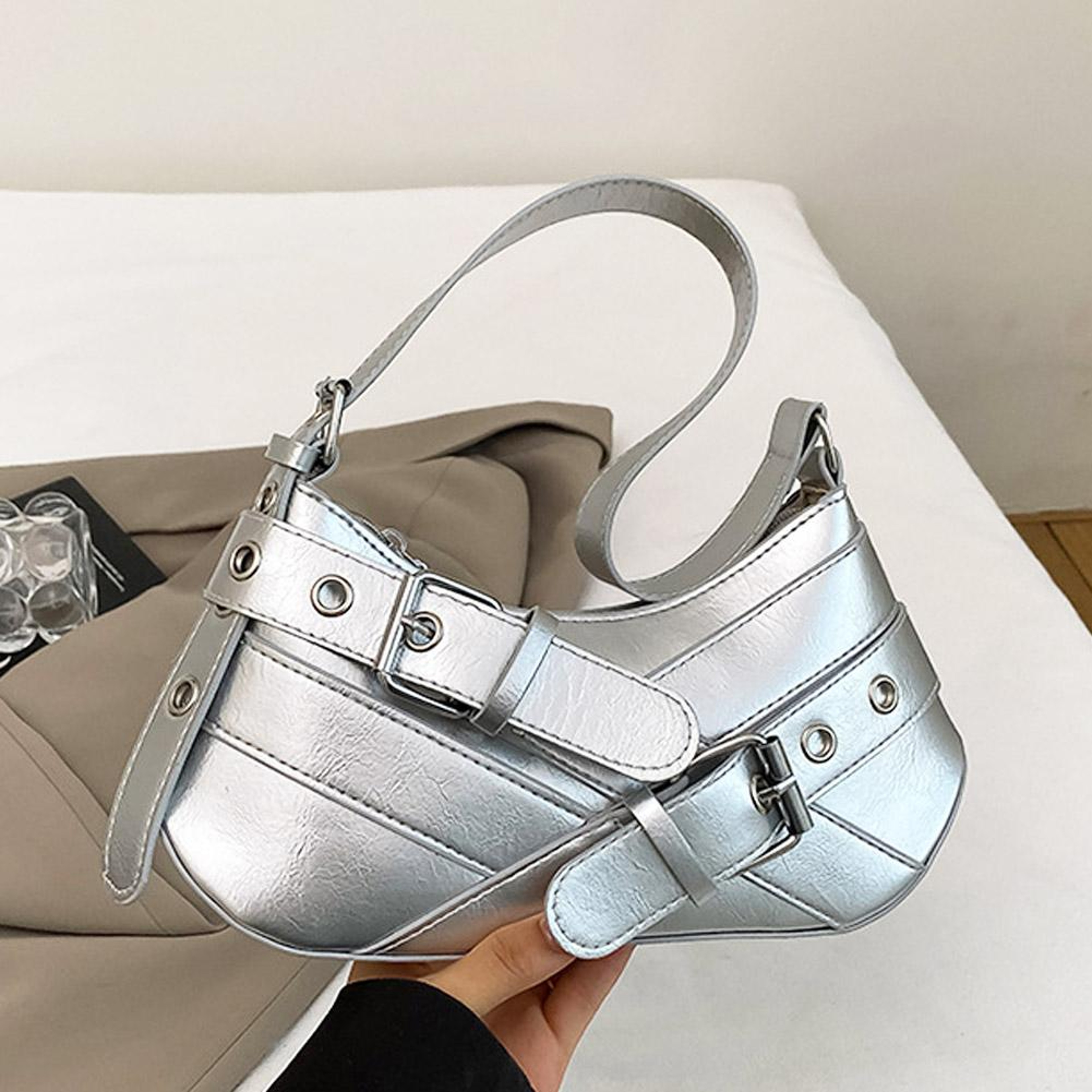 Retro style Edgy Crossbody Bag, Punk Shoulder Bag, Maillard Style Belt Design, Underarm Purse for Women – view 5