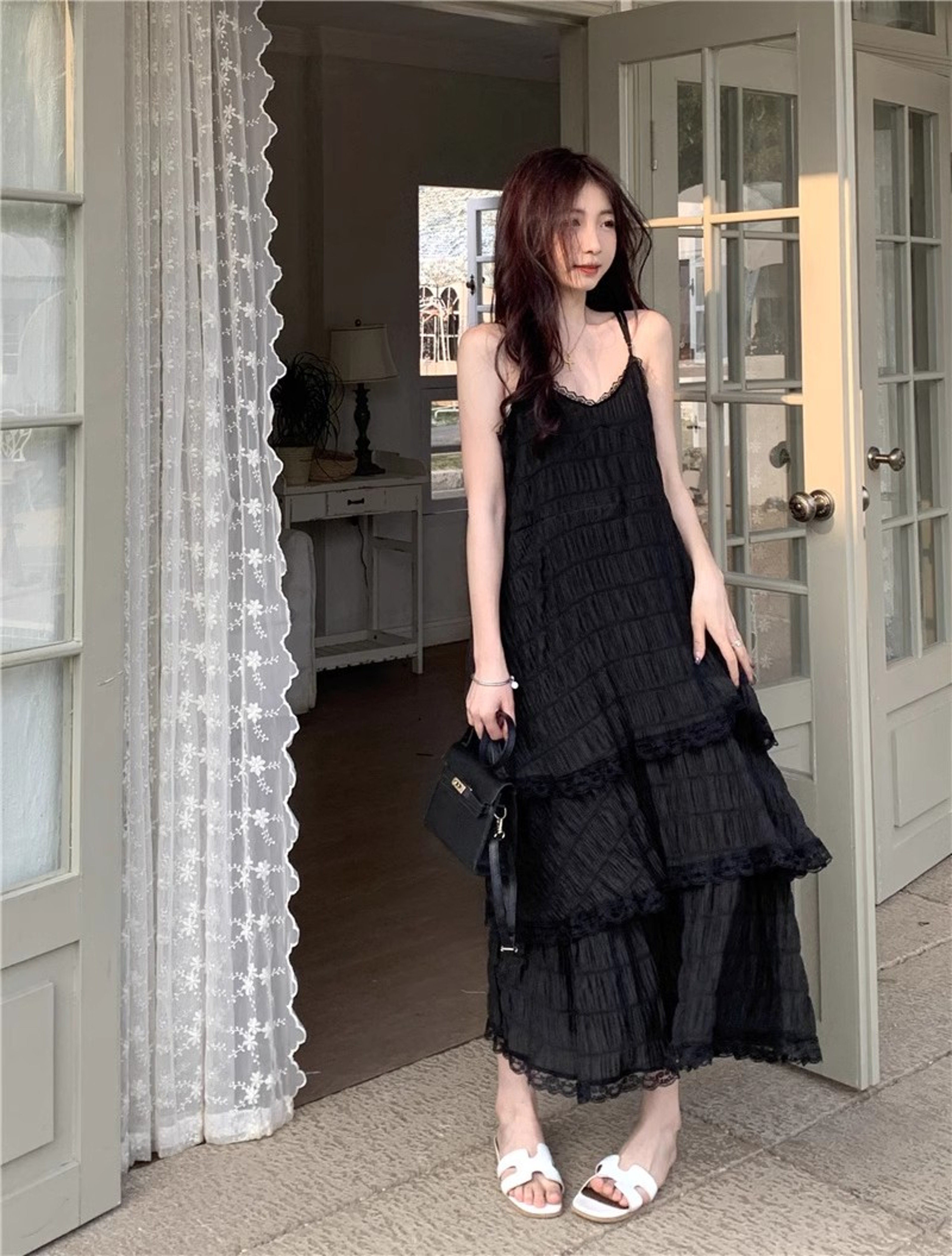 Elegant Lace Maxi Dress For Women Summer Beach Dress With Ruffle Hem  Spaghetti Straps 0