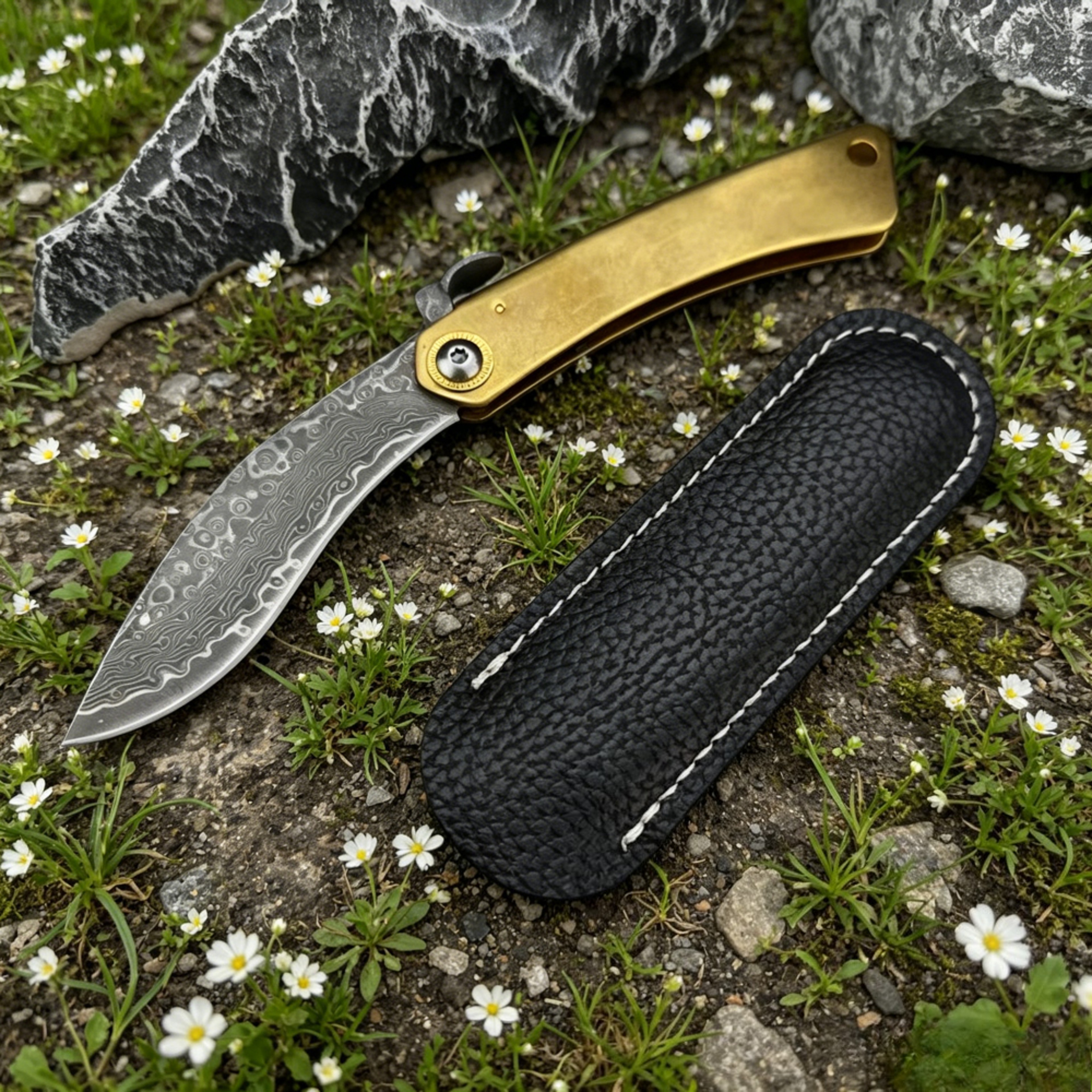 Damascus Folding Knife With Leather Sheath Mini Pocket Knife For Fishing Camping  Hiking 0