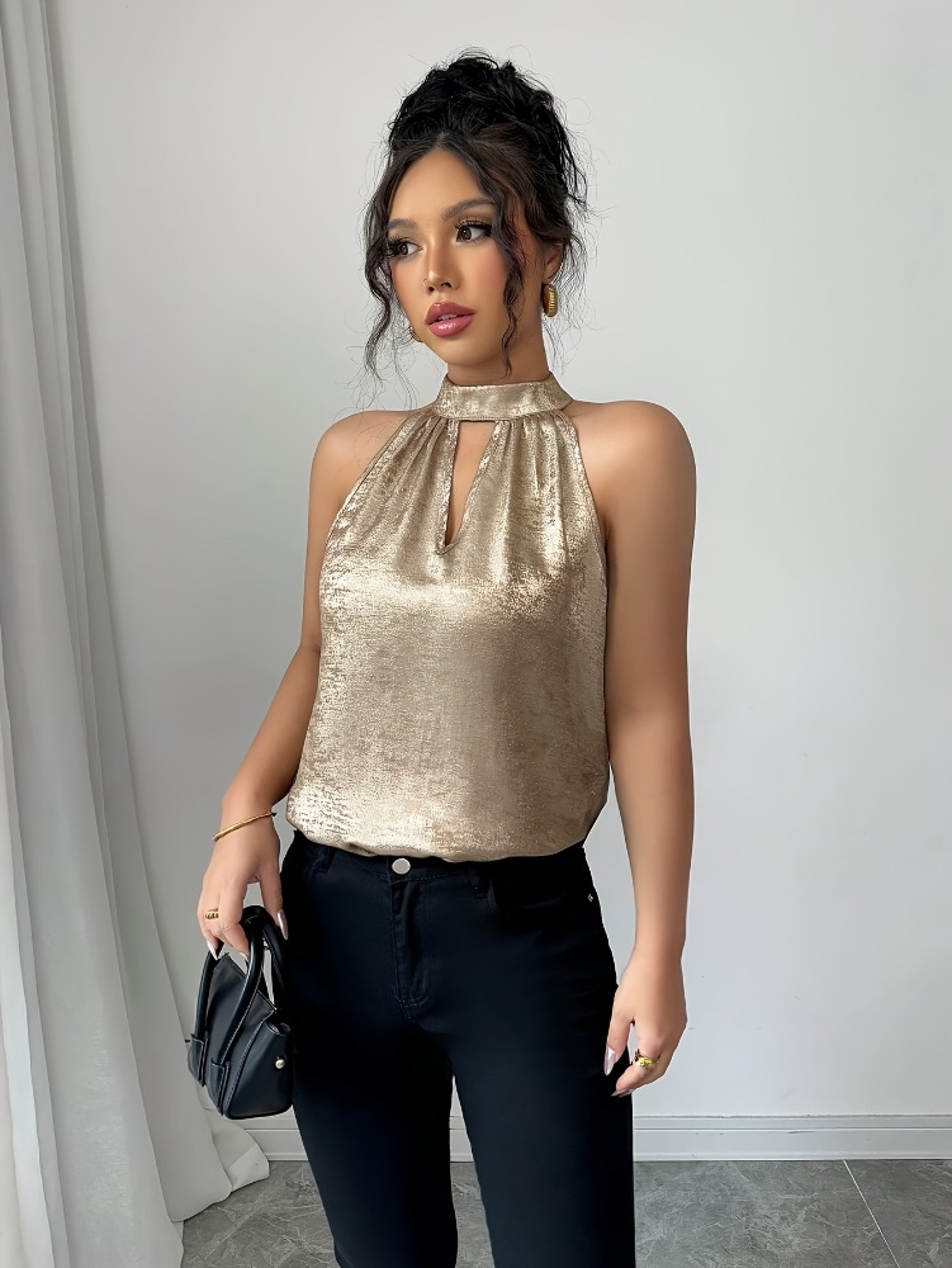 Champagne Luxe Halter Neck Top With Off Shoulder Cutout Elegant Sleeveless Blouse 2