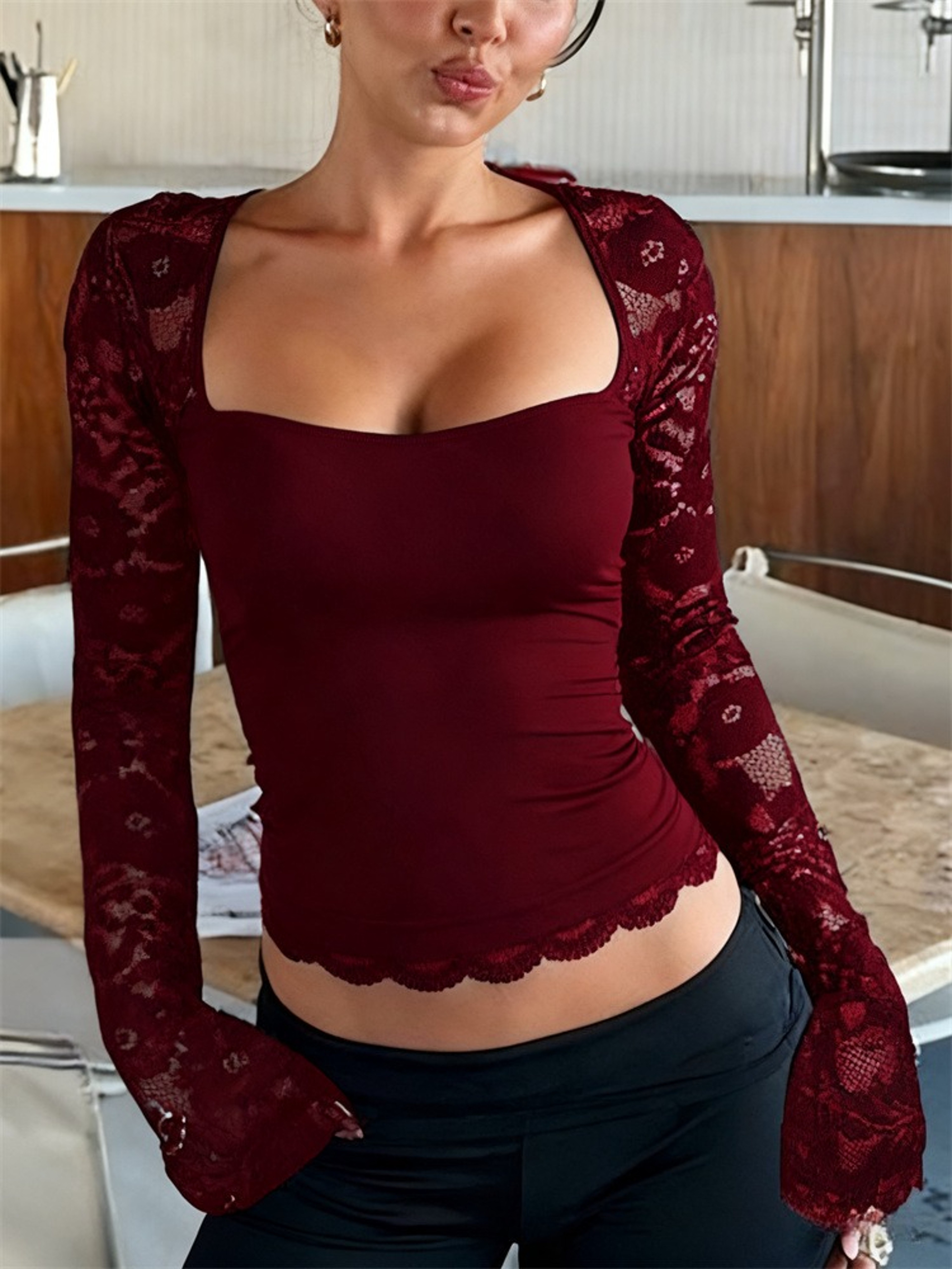 Elegant Lace Patchwork Crop Top Square Neck Flare Sleeve Slim Fit Long Sleeve Shirt 8