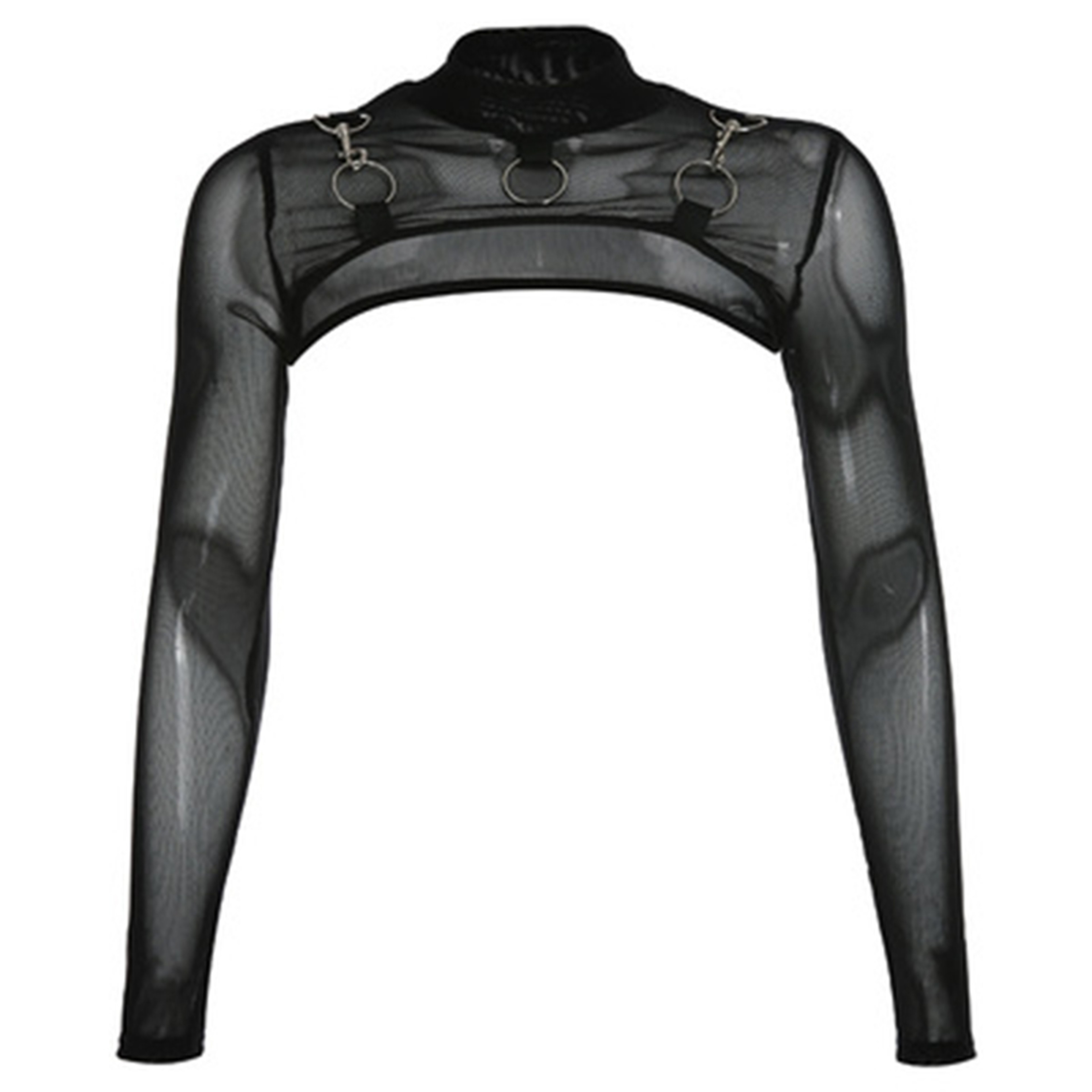 Sheer Mesh Sleeve Black Crop Top For Women Hollow Out Club Tee 4
