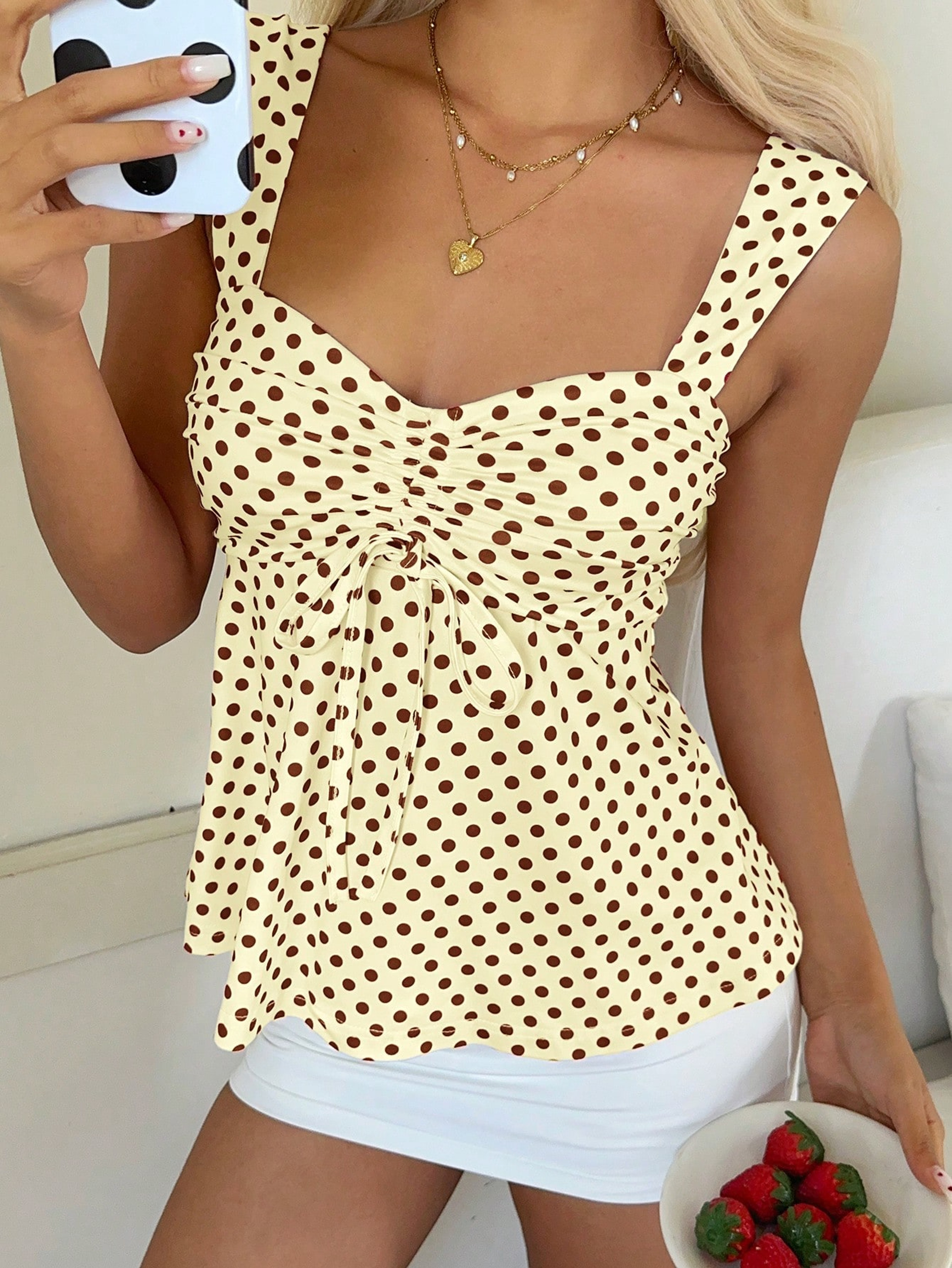 Marigold Polka Dot Cami Top With Bow Tie  Ruffle Detail For Women 5