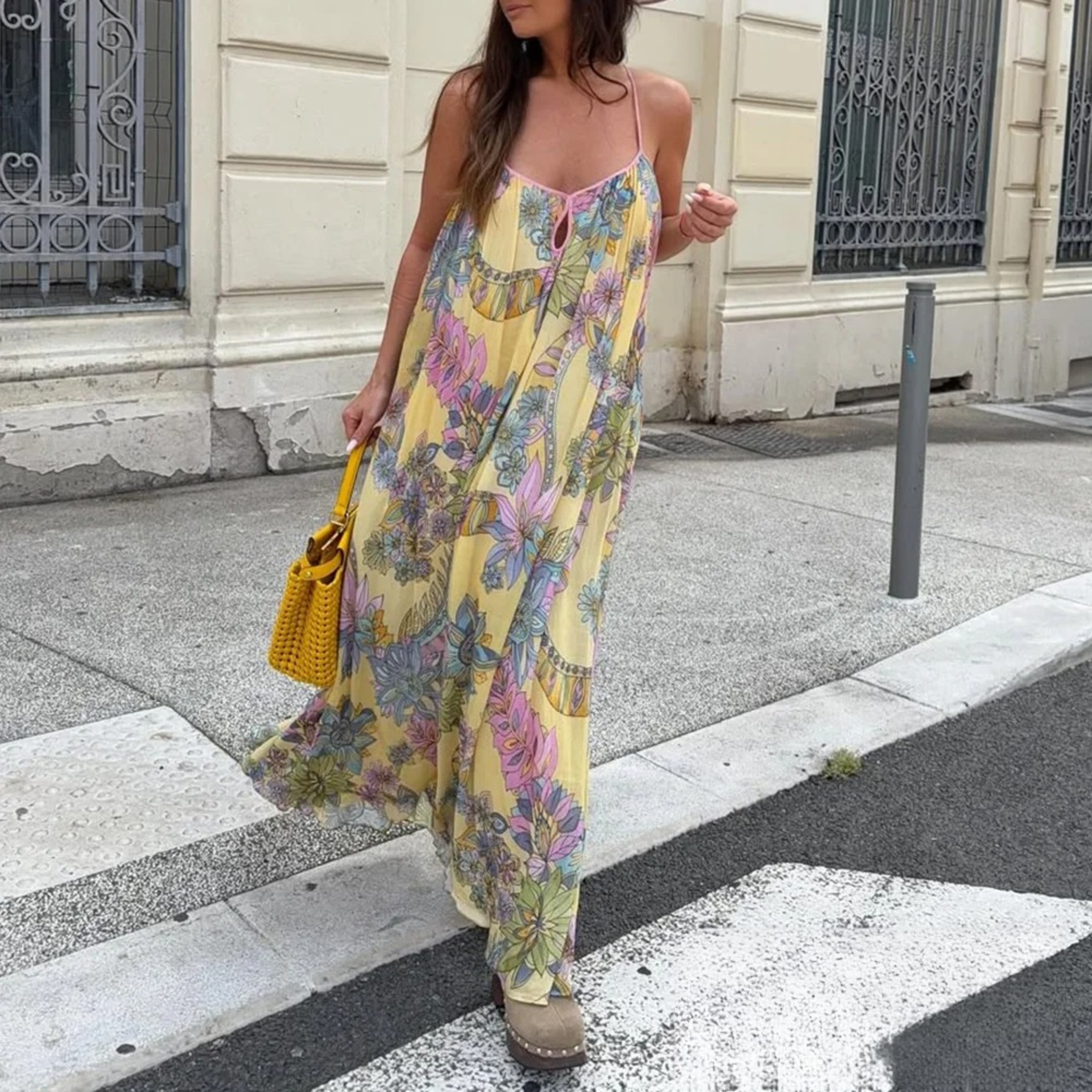 Floral Chiffon Summer Beach Dress Backless Flowy Cami Vacation Maxi Dress For Women 0